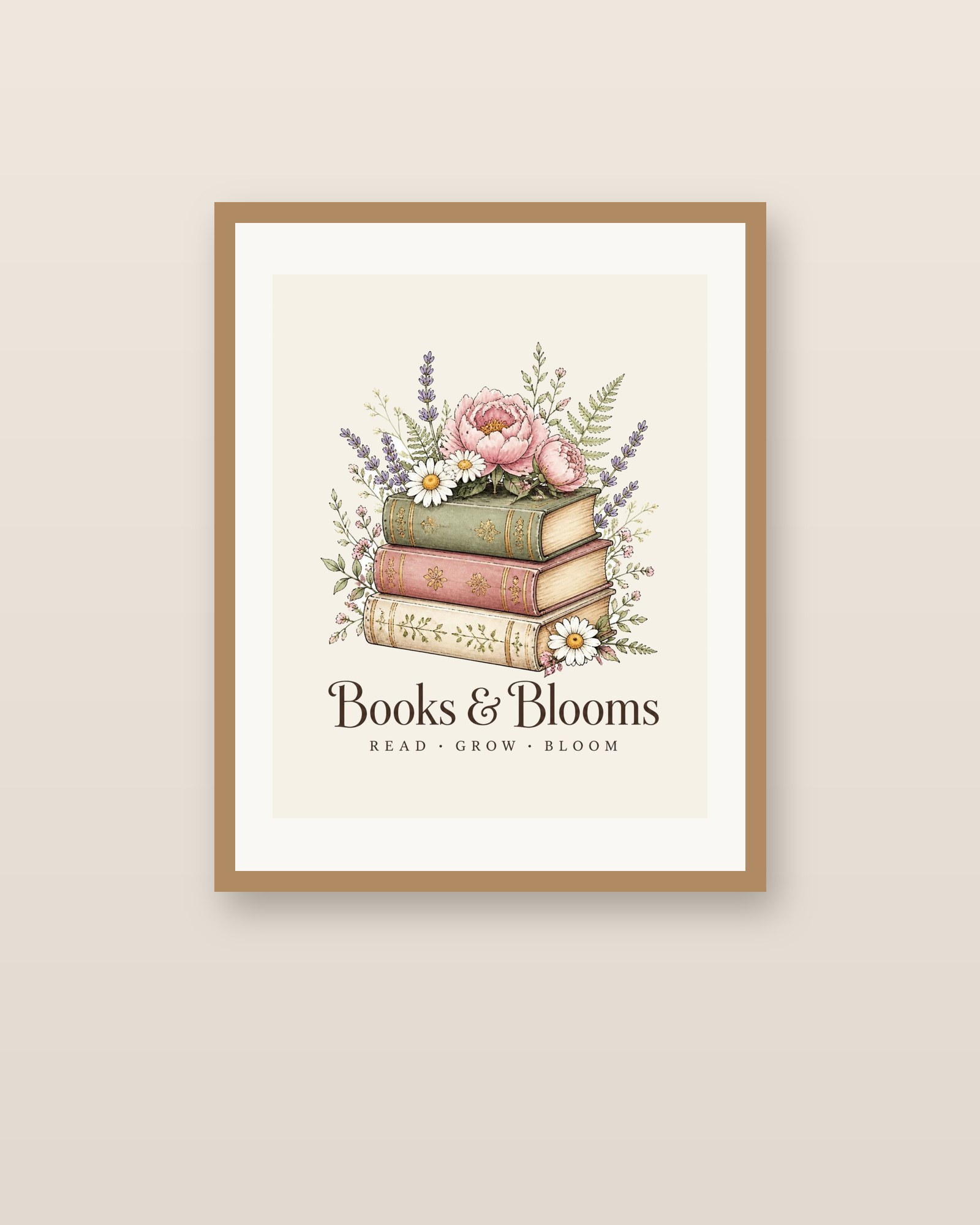 Books & Blooms print in an oak frame on a beige wall