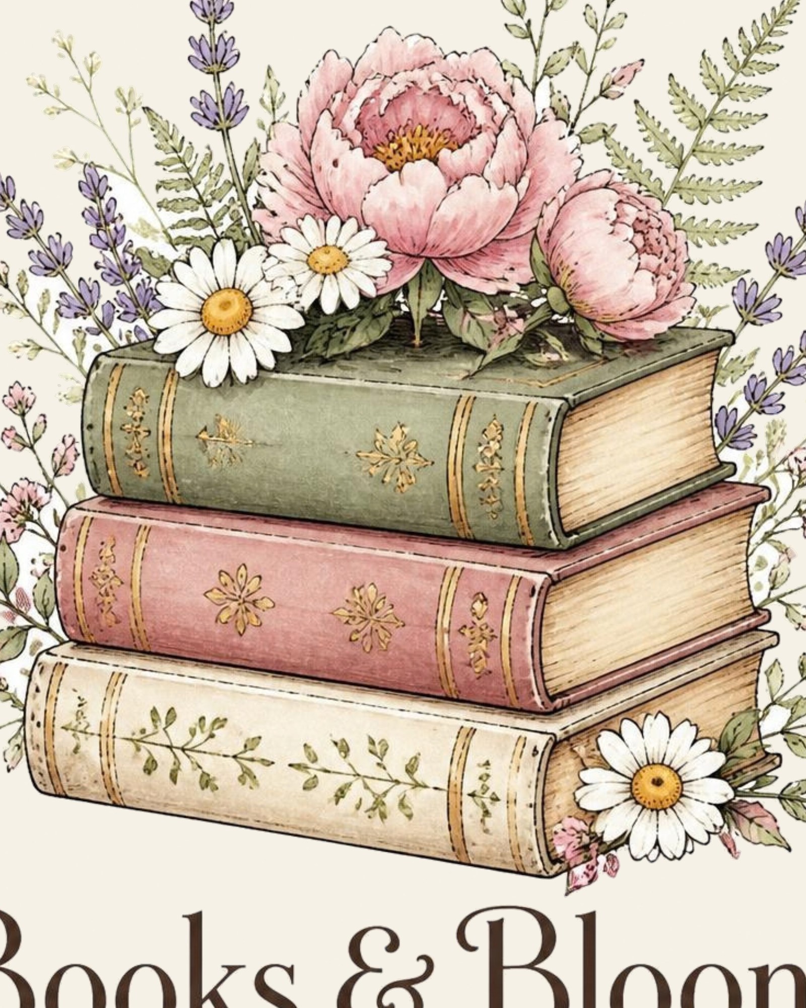 Close-up of the books, peonies and lavender