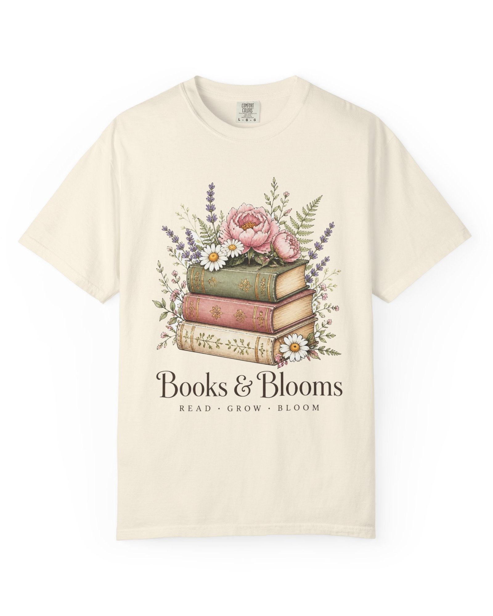 Books & Blooms tee in ivory with a watercolor stack of books and flowers