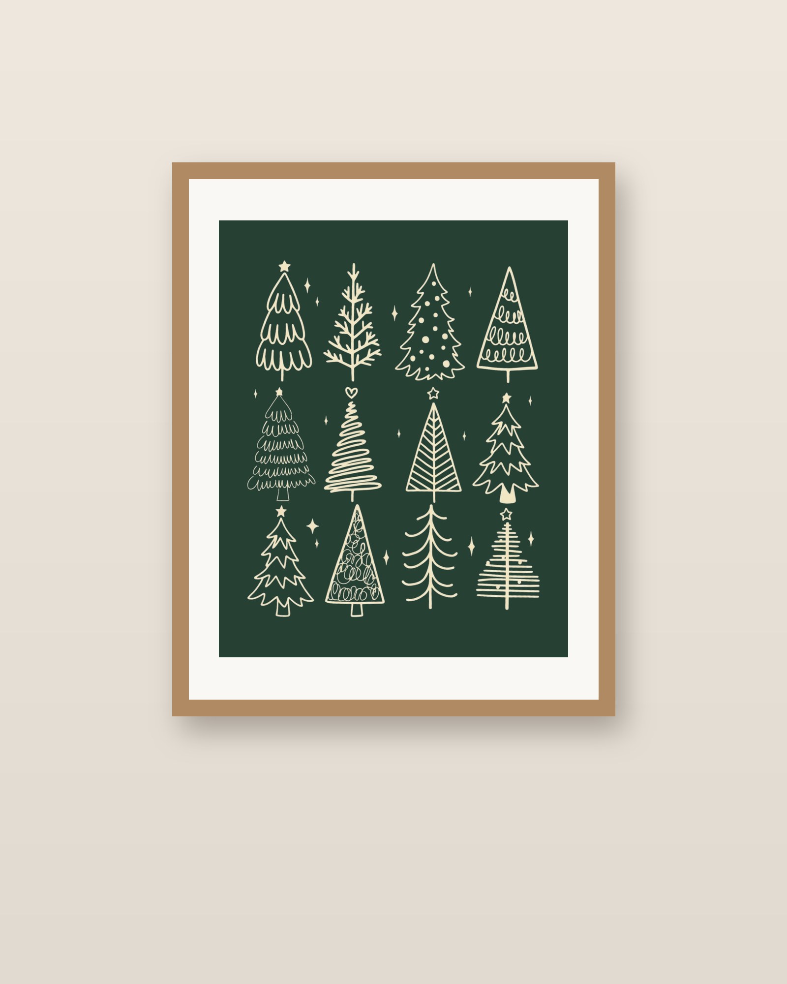 Christmas tree doodles print, cream on forest green, in an oak frame