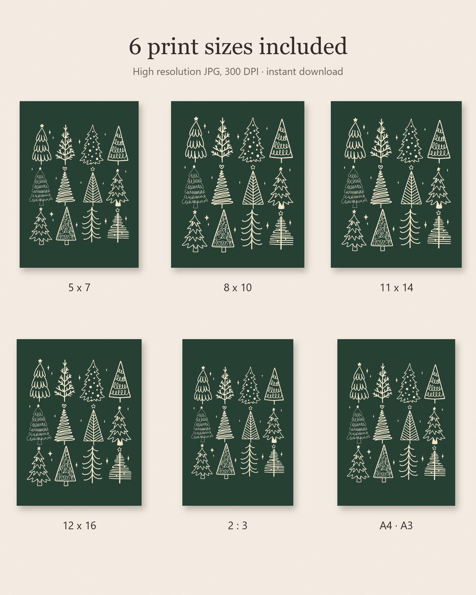 The six included print sizes side by side