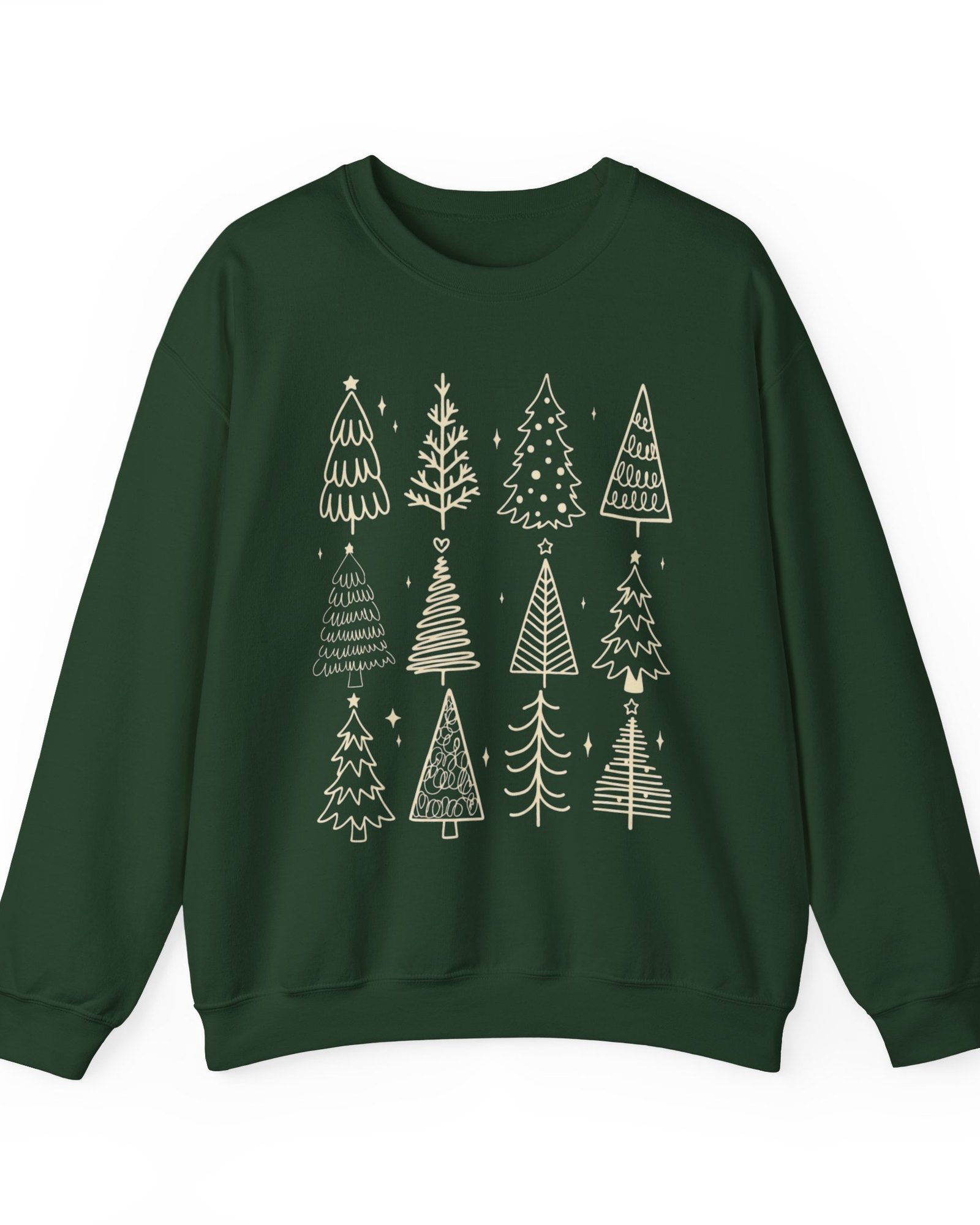 Christmas Tree Doodles sweatshirt in forest green with twelve cream line-art trees