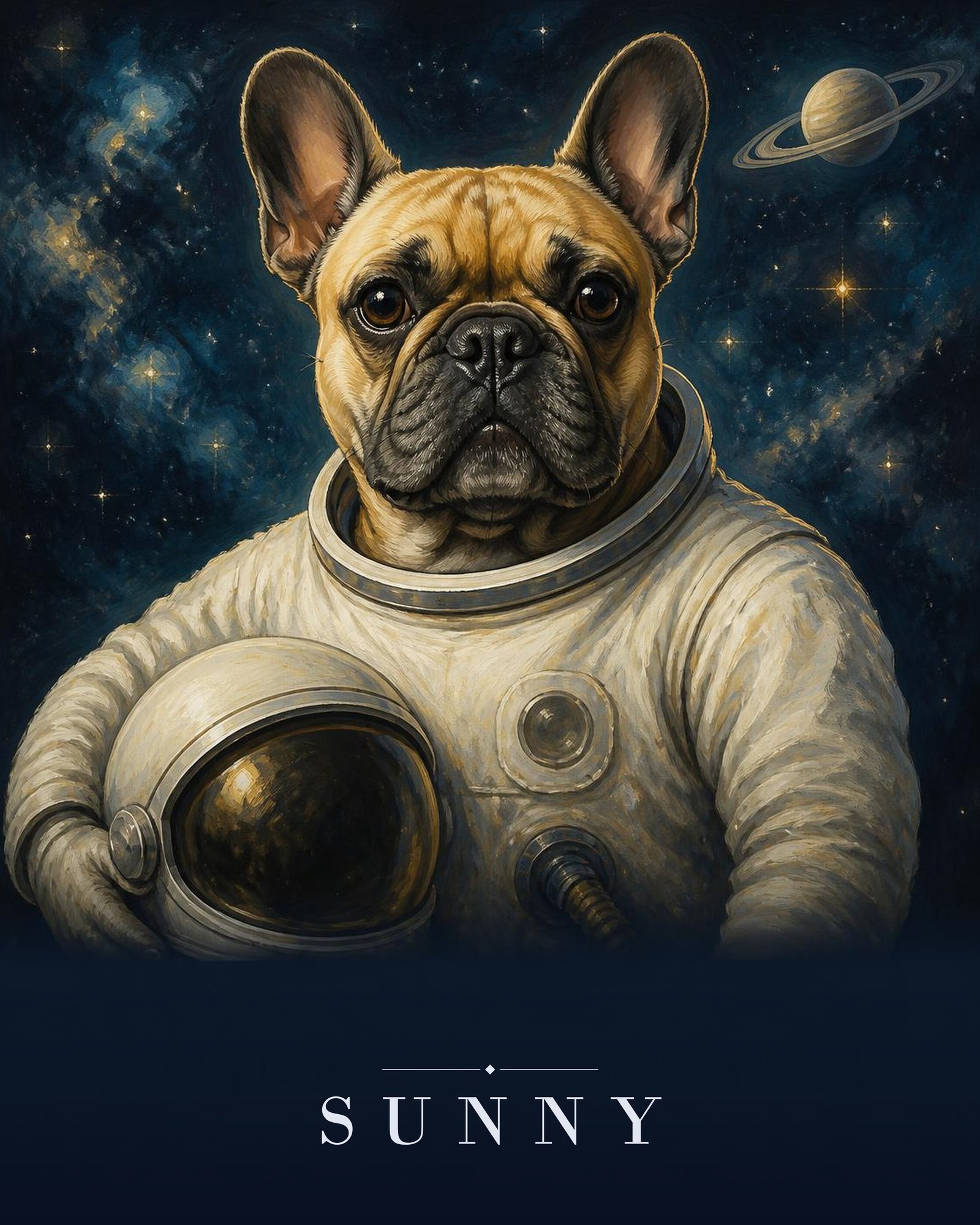 Digital astronaut portrait: a French bulldog in a white space suit holding a helmet in front of stars and a ringed planet, name in silver