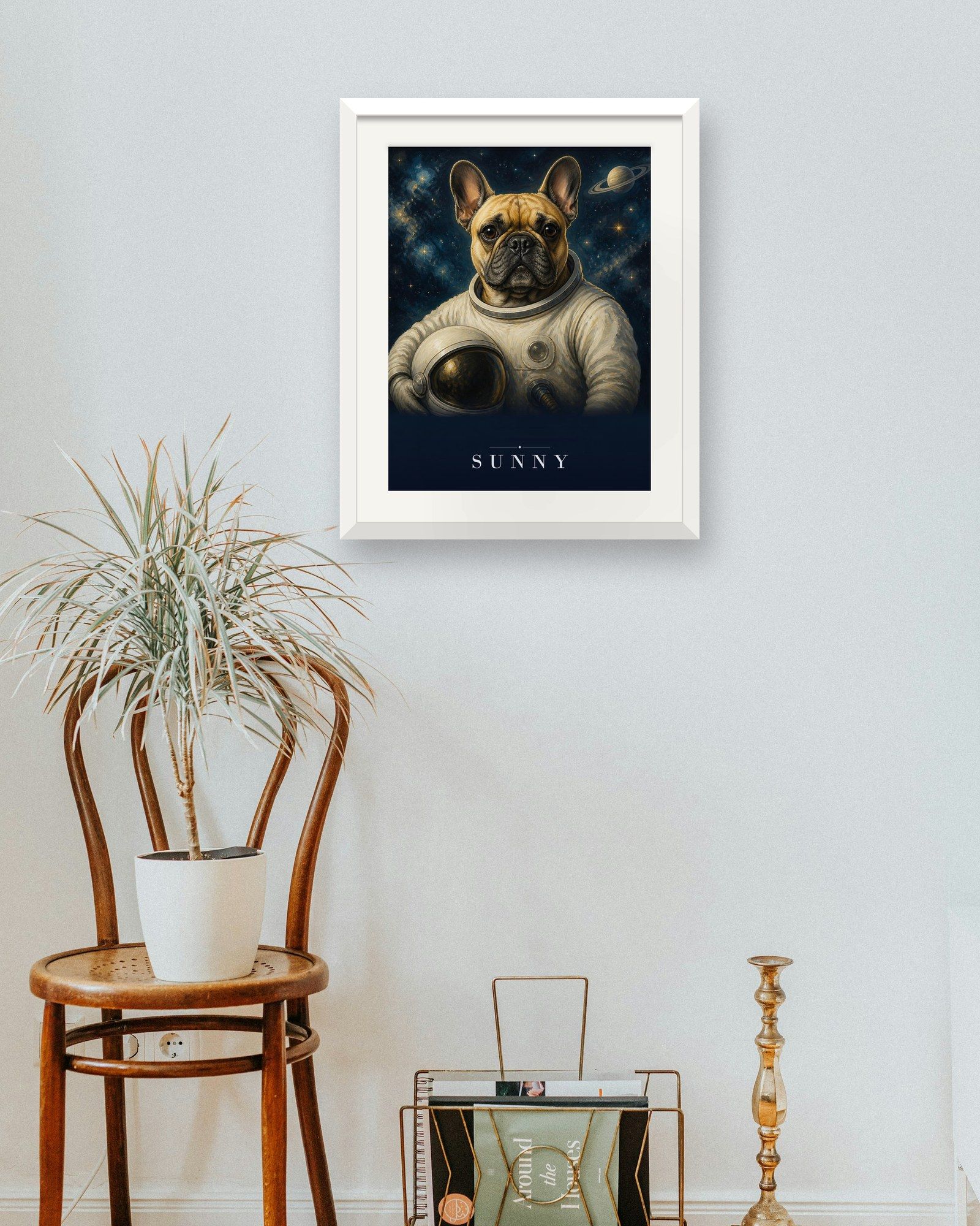 The printed portrait in a white frame above a bentwood chair with a plant (frame not included)