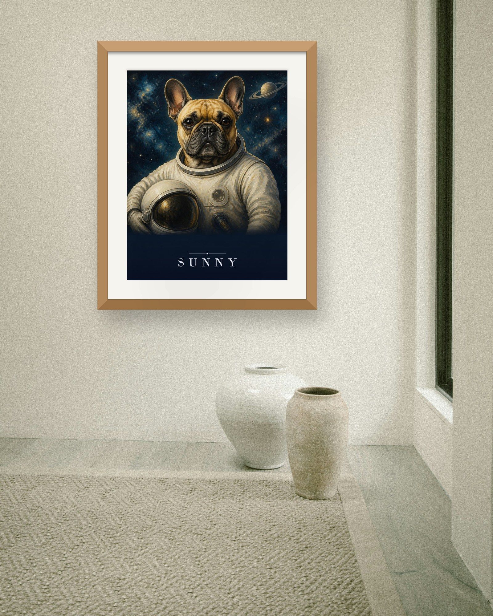 The printed portrait in an oak frame in a minimal room with stone vases (frame not included)