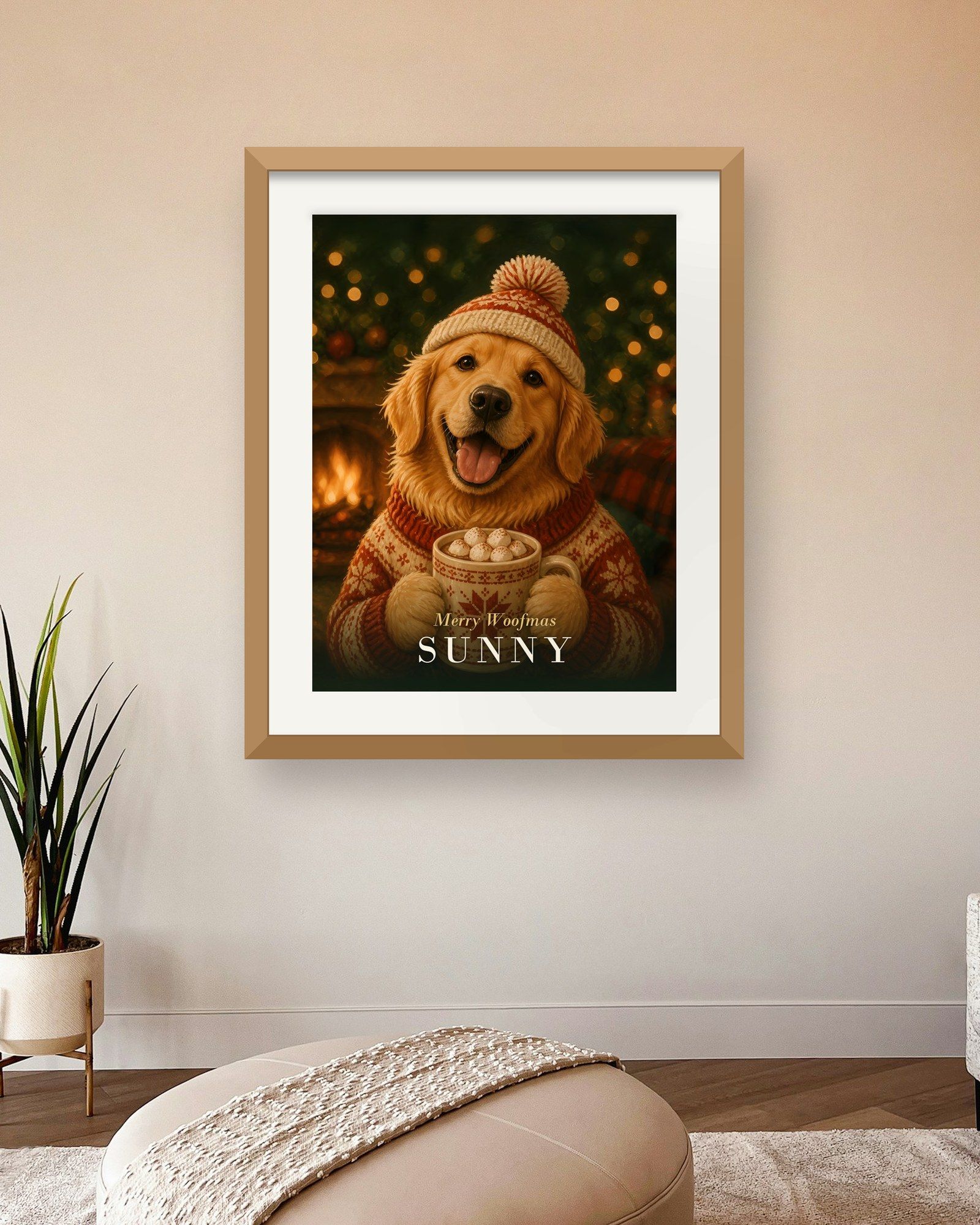 The printed portrait in an oak frame on a warm blush wall of a living room (frame not included)