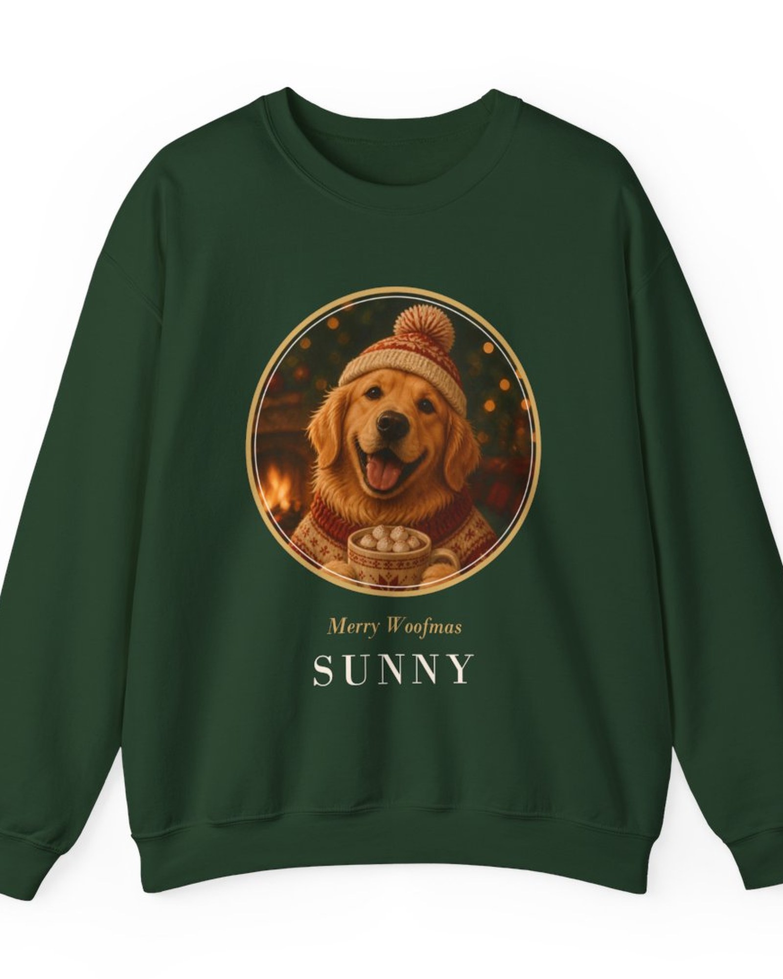 Forest green crewneck sweatshirt with a gold-ringed medallion of a golden retriever in a Christmas knit hat, Merry Woofmas, Sunny