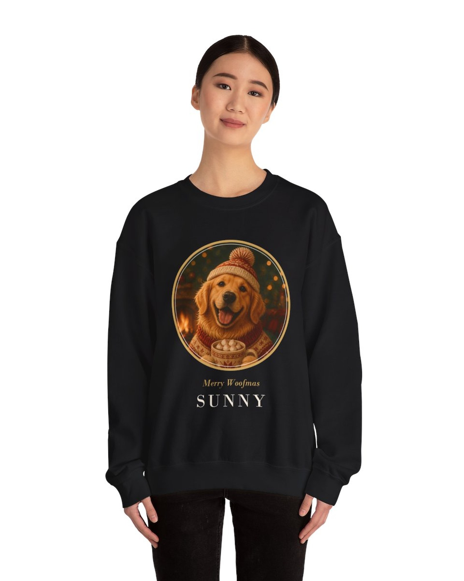 A woman wearing the black medallion sweatshirt