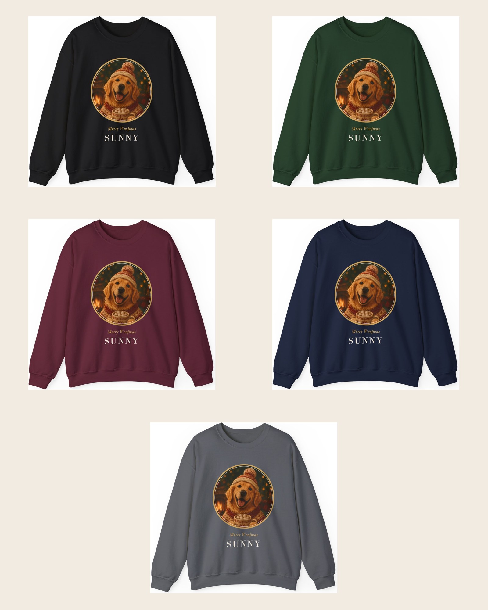 The five sweatshirt colors: black, forest green, maroon, navy and charcoal