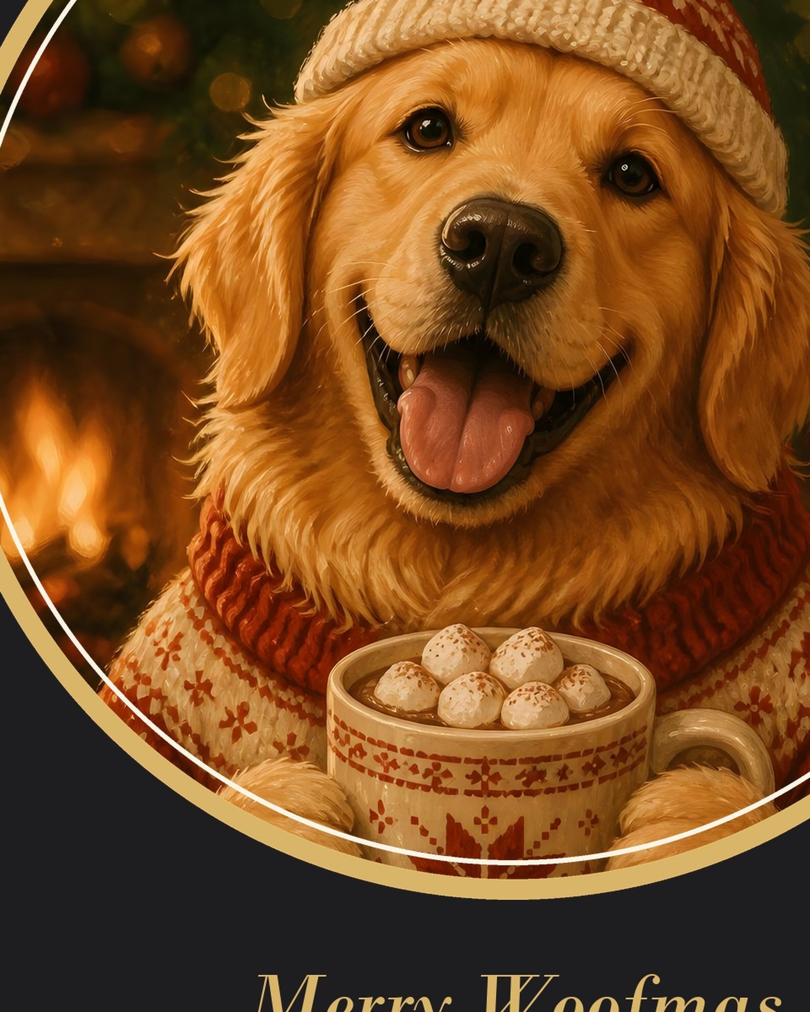 Close-up of the medallion: the golden retriever's smiling face, gold ring and Merry Woofmas lettering