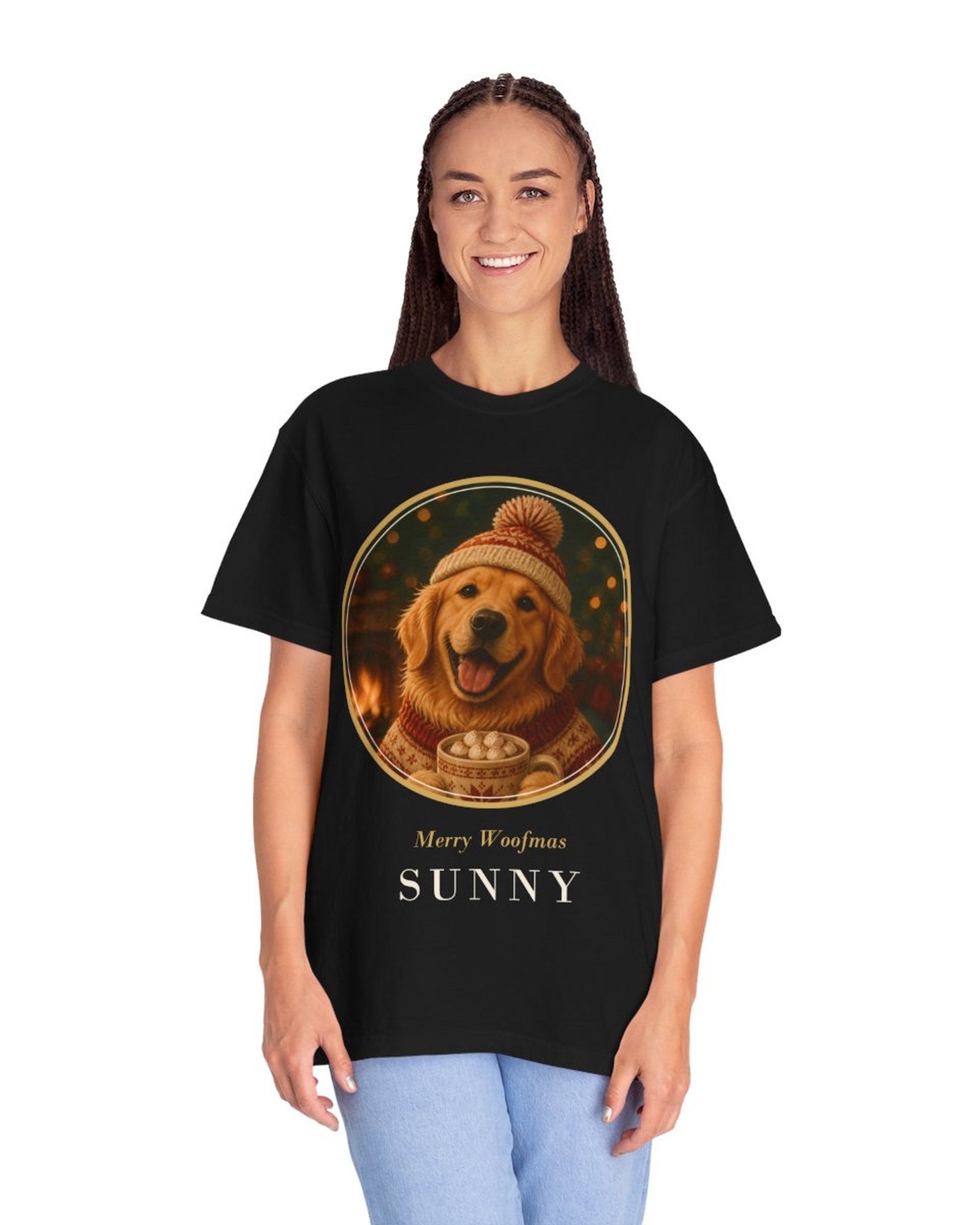 A woman wearing the black Christmas medallion tee with jeans