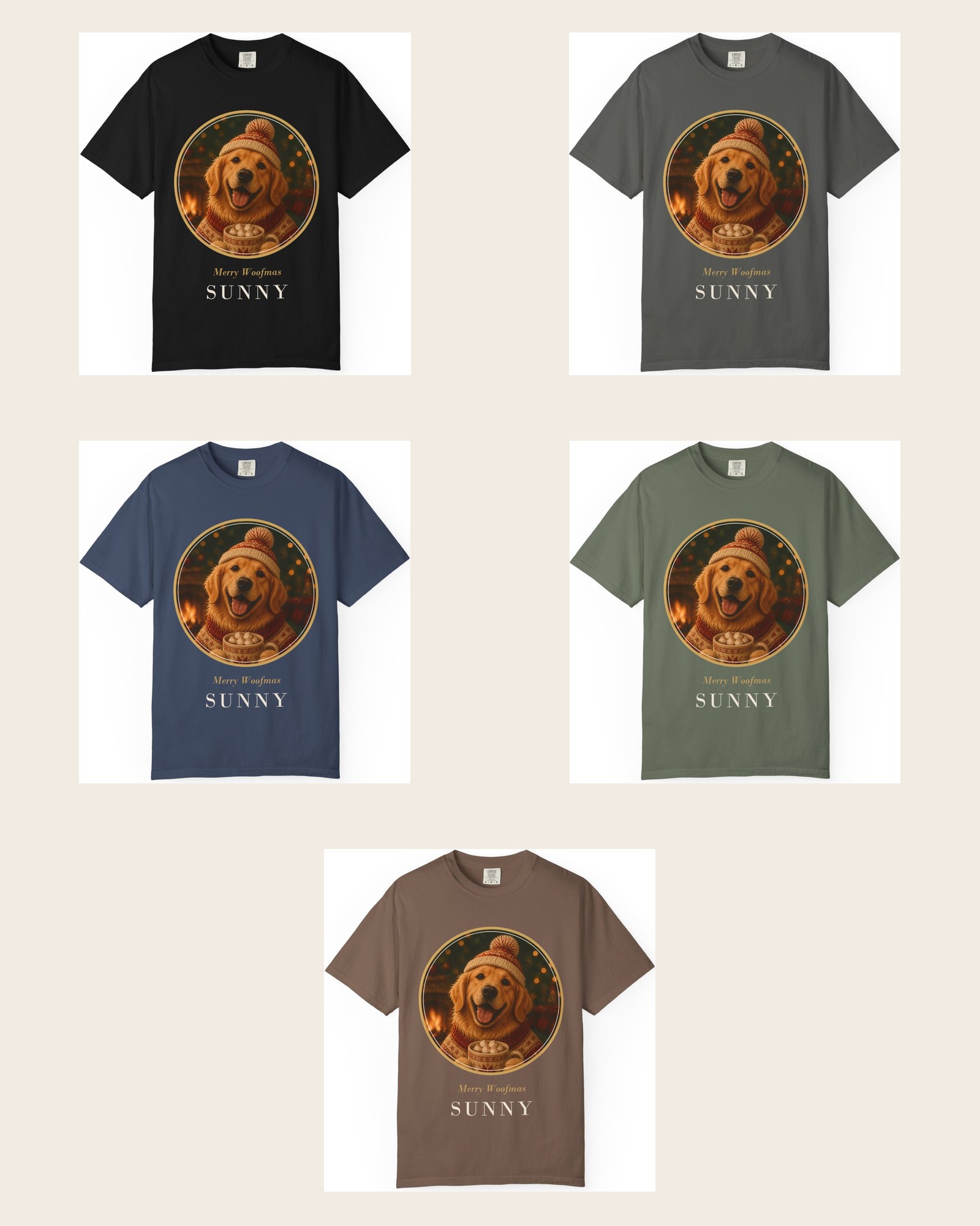 The five tee colors: black, pepper, midnight, moss and espresso