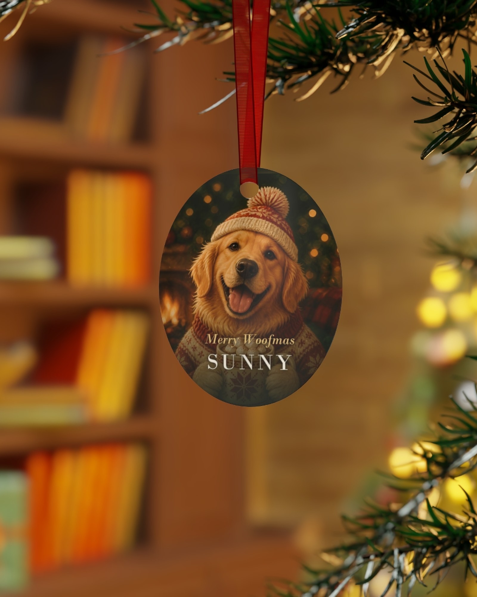 The oval ornament hanging on a Christmas tree in front of a bookshelf