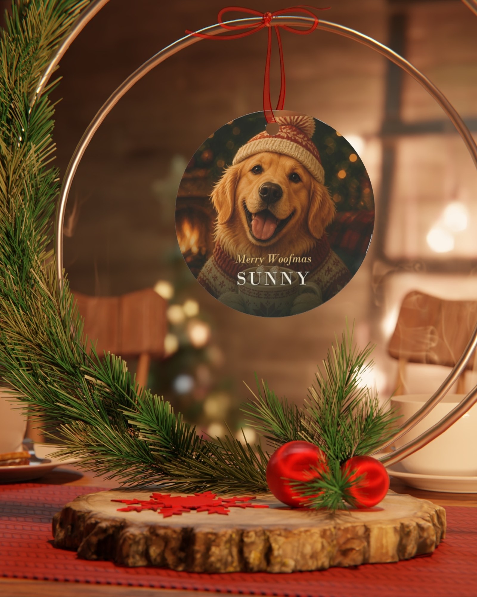 The round ornament hanging in a gold ring stand on a wood slice with pine branches