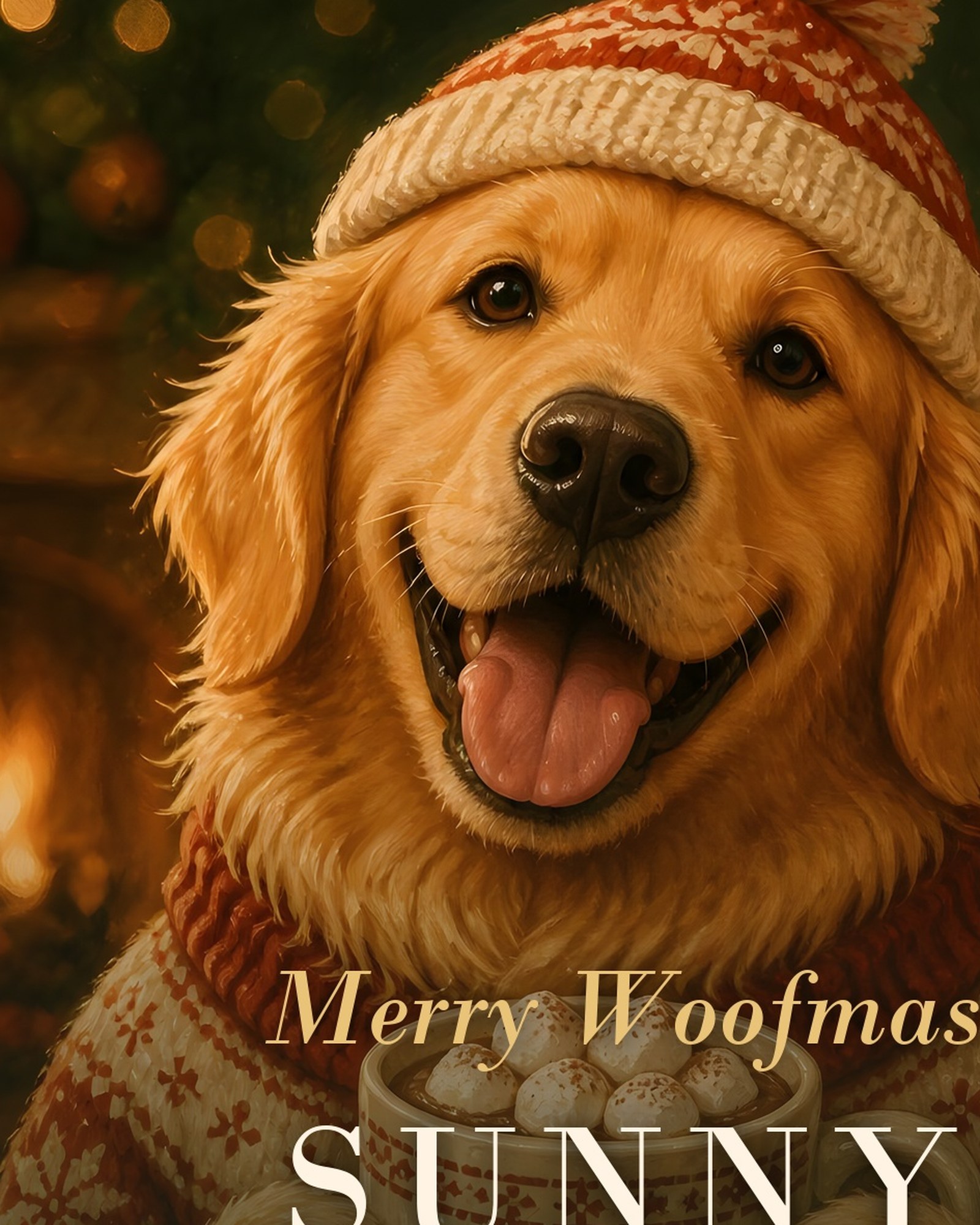 Close-up of the artwork: the golden retriever's smiling face, knit hat and Merry Woofmas lettering