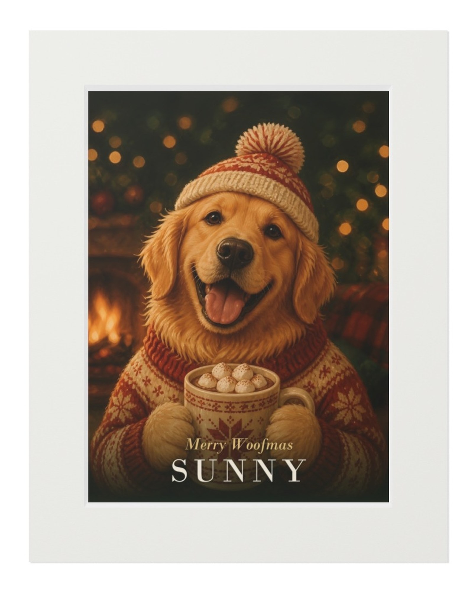 Fine art print in a white mat: a golden retriever in a Christmas sweater and hat holding hot cocoa by the fireplace, Merry Woofmas, Sunny