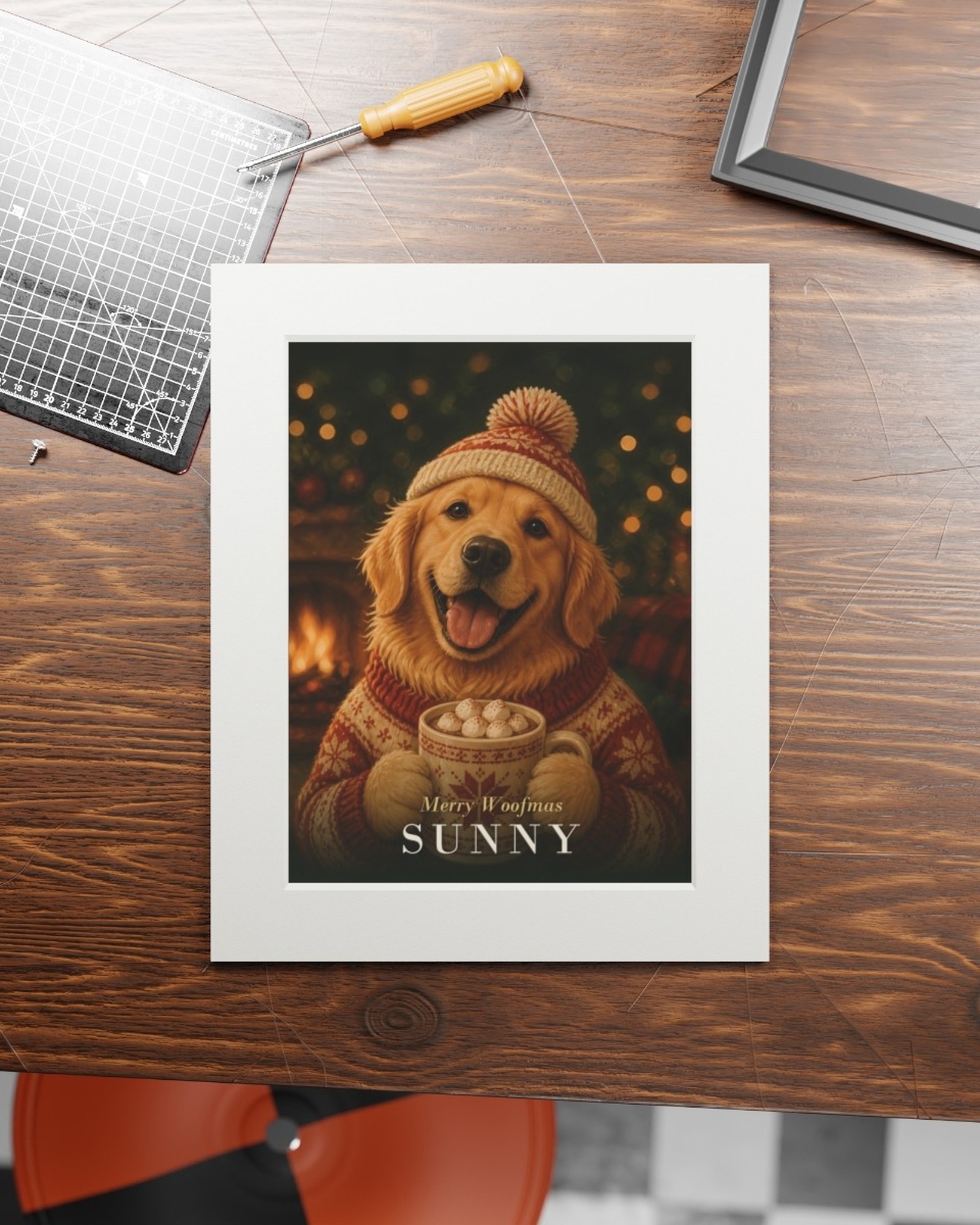 The matted Christmas print on a wooden work table
