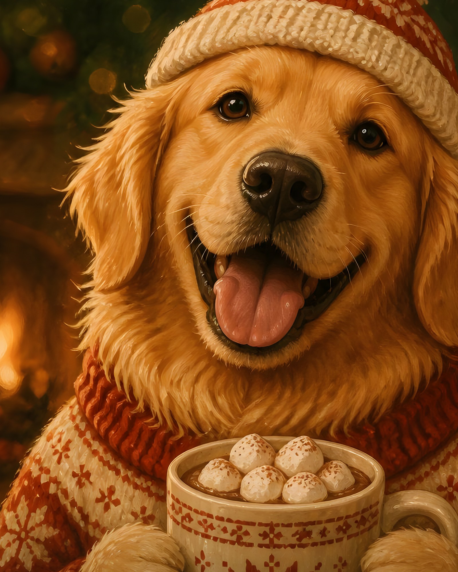 Close-up of the artwork: the golden retriever in a red and cream knit hat and sweater, holding a mug of cocoa