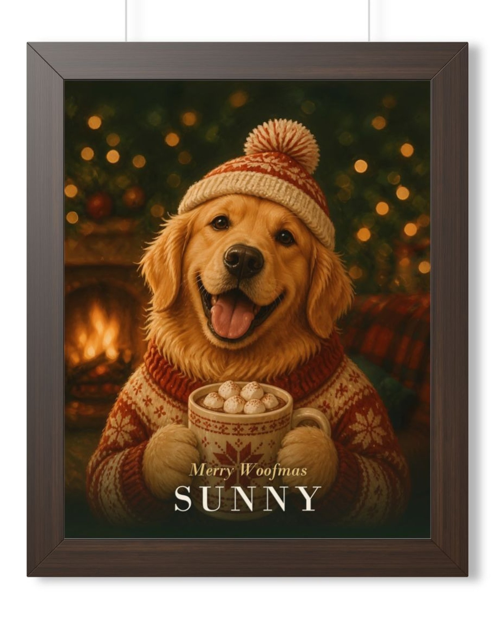 Walnut framed poster: a golden retriever in a Christmas sweater and hat with hot cocoa by the fireplace, Merry Woofmas, Sunny