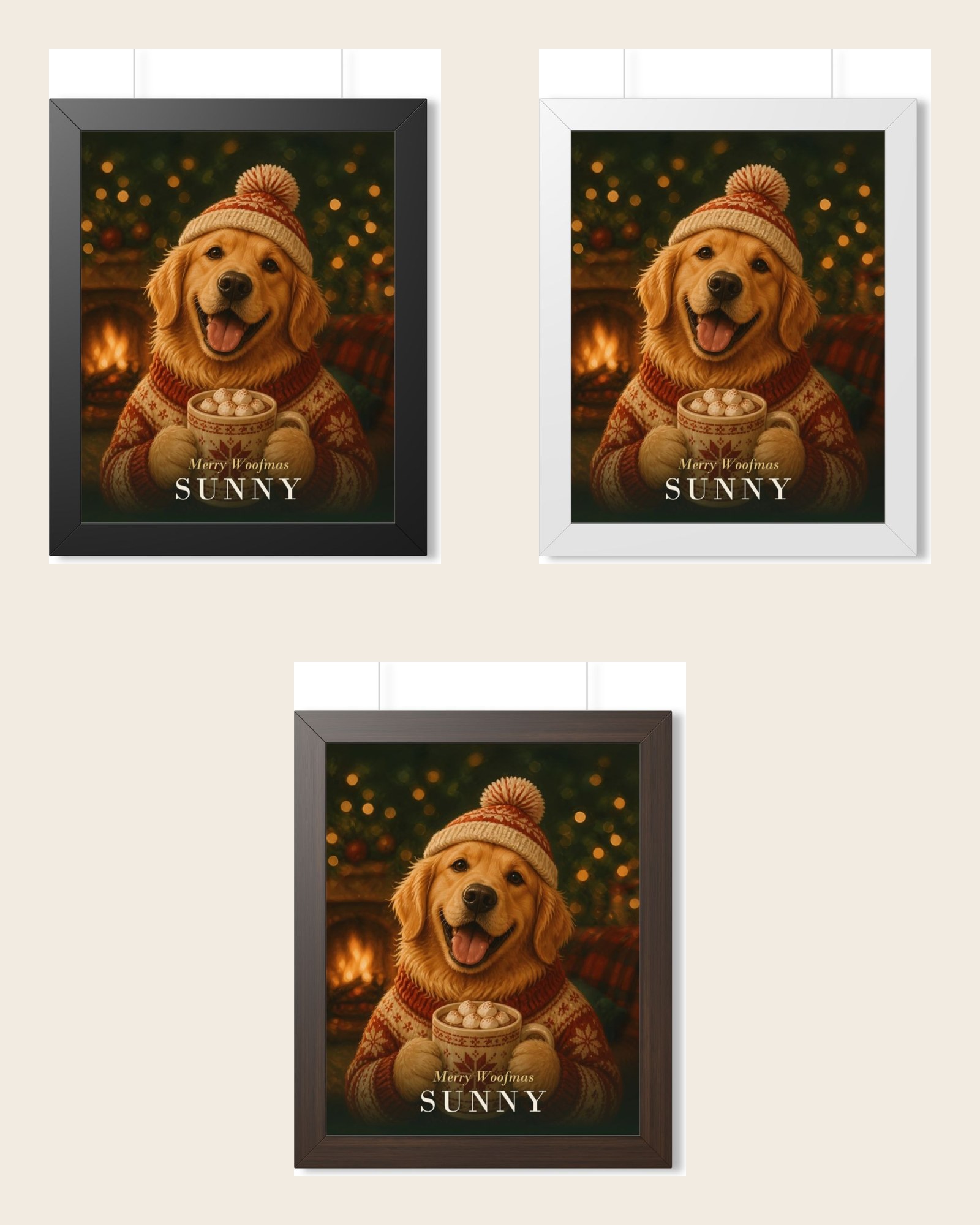The Christmas framed poster in the three frame colors: black, white and walnut