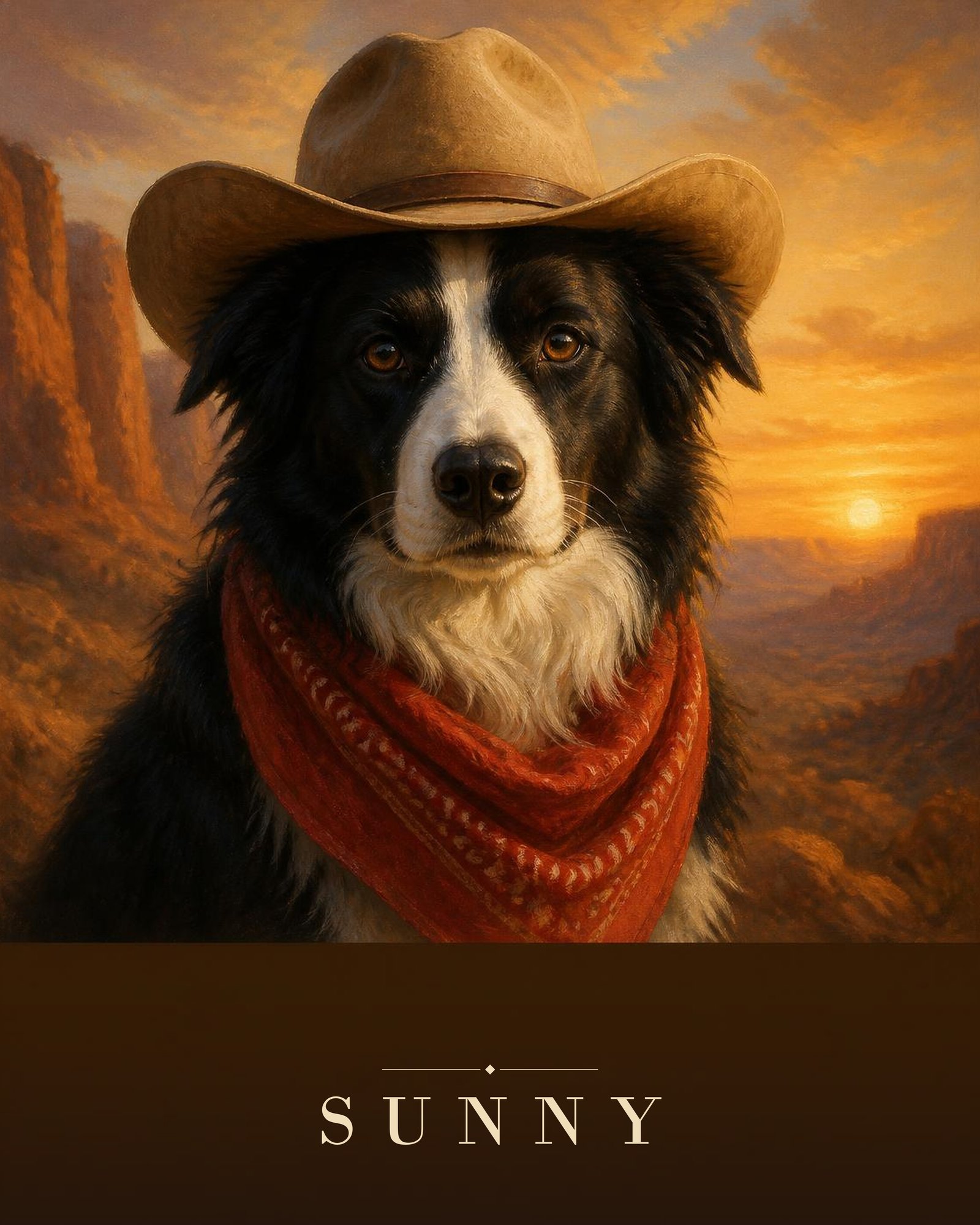 Digital cowboy portrait: a border collie in a tan cowboy hat and red bandana in front of a desert canyon at sunset, name in cream