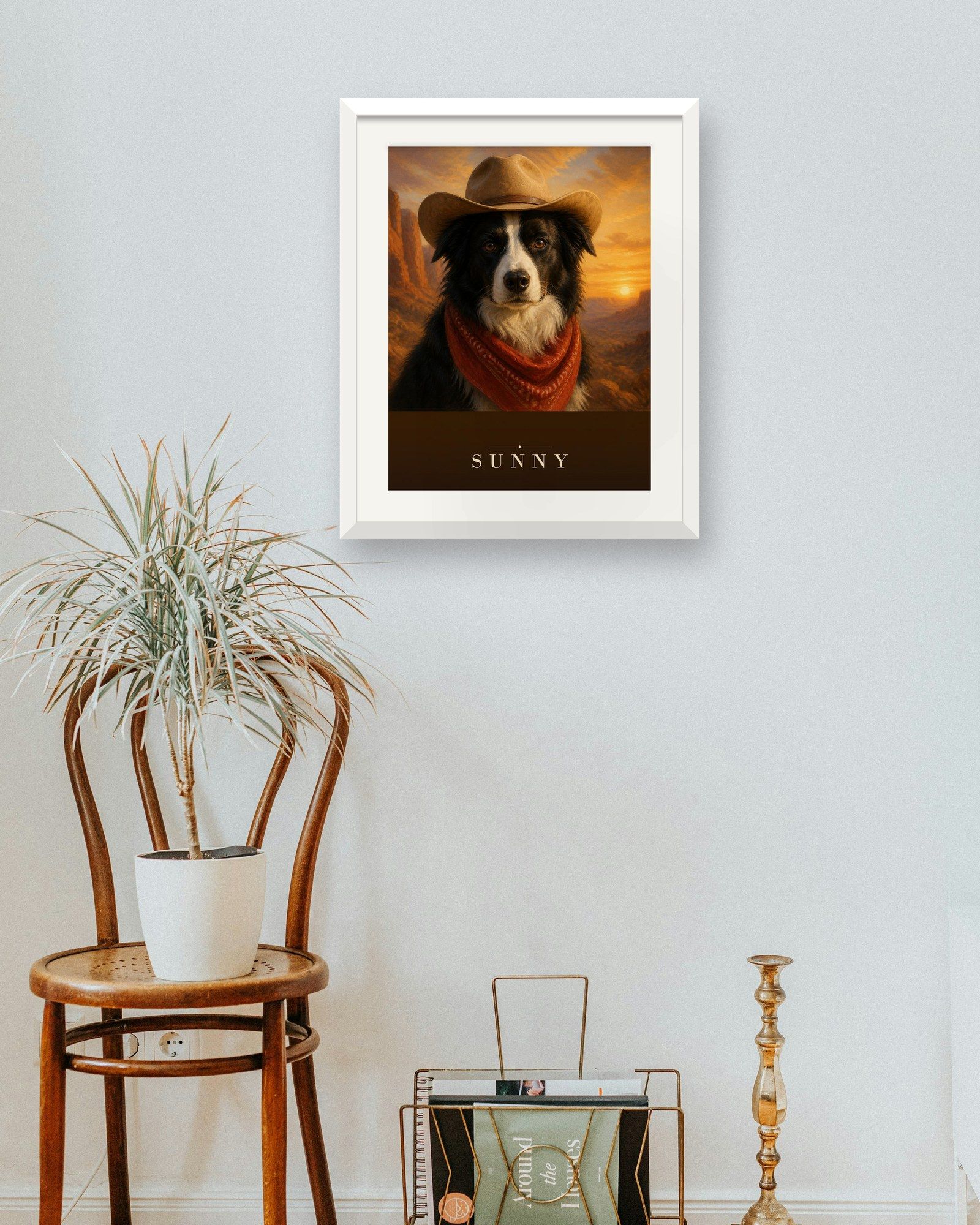 The printed portrait in a white frame above a bentwood chair with a plant (frame not included)