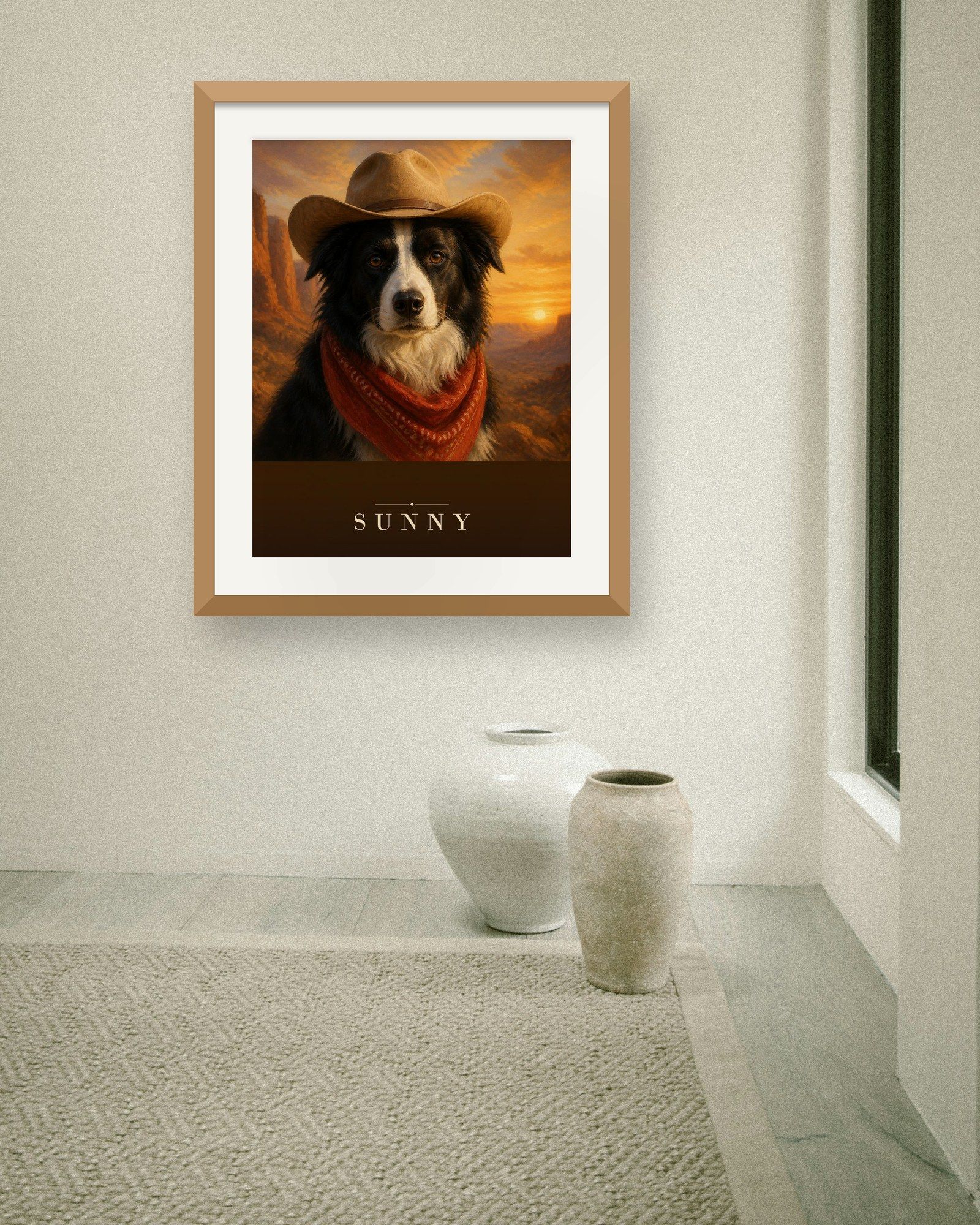 The printed portrait in an oak frame in a minimal room with stone vases (frame not included)