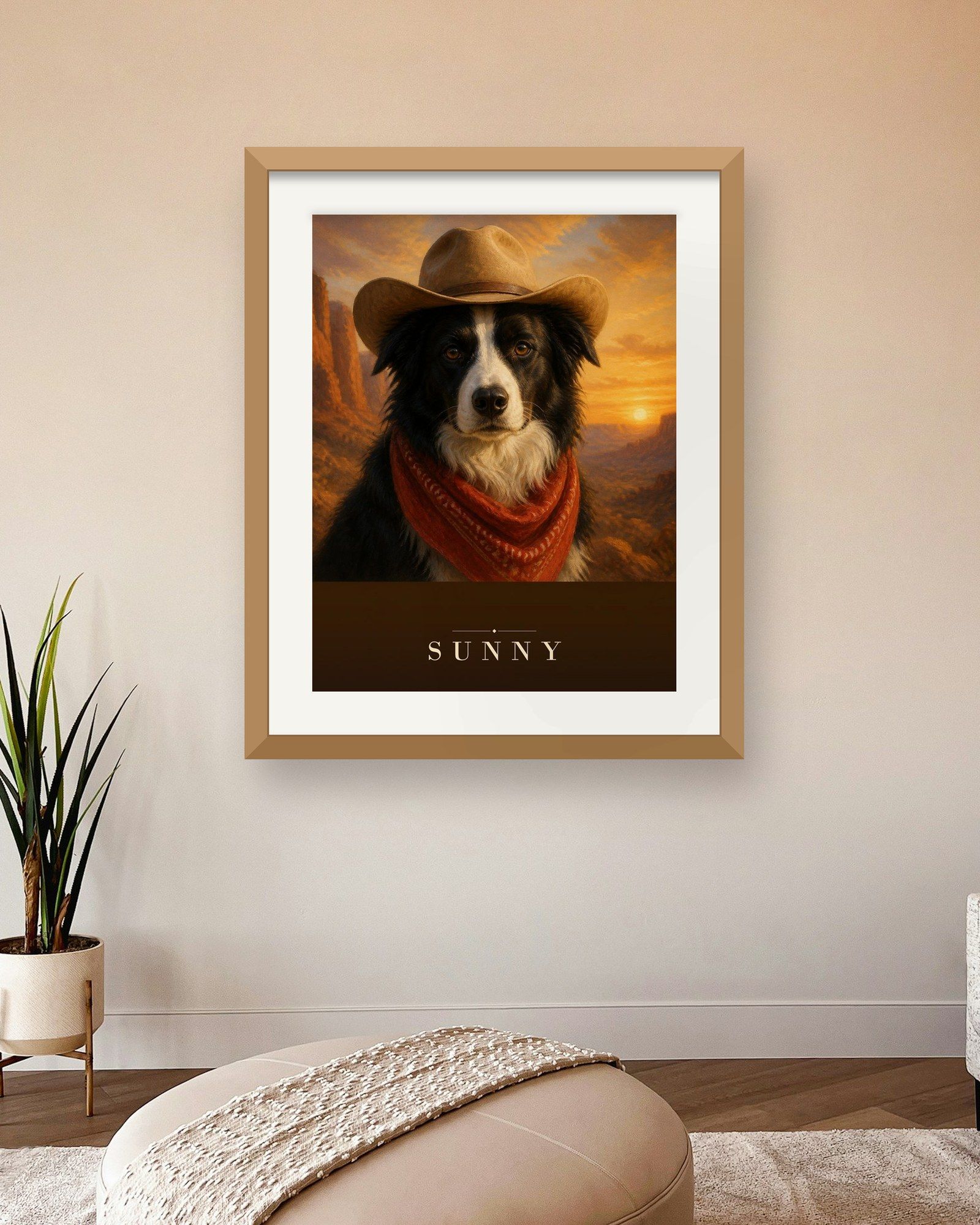 The printed portrait in an oak frame on a warm blush wall of a living room (frame not included)