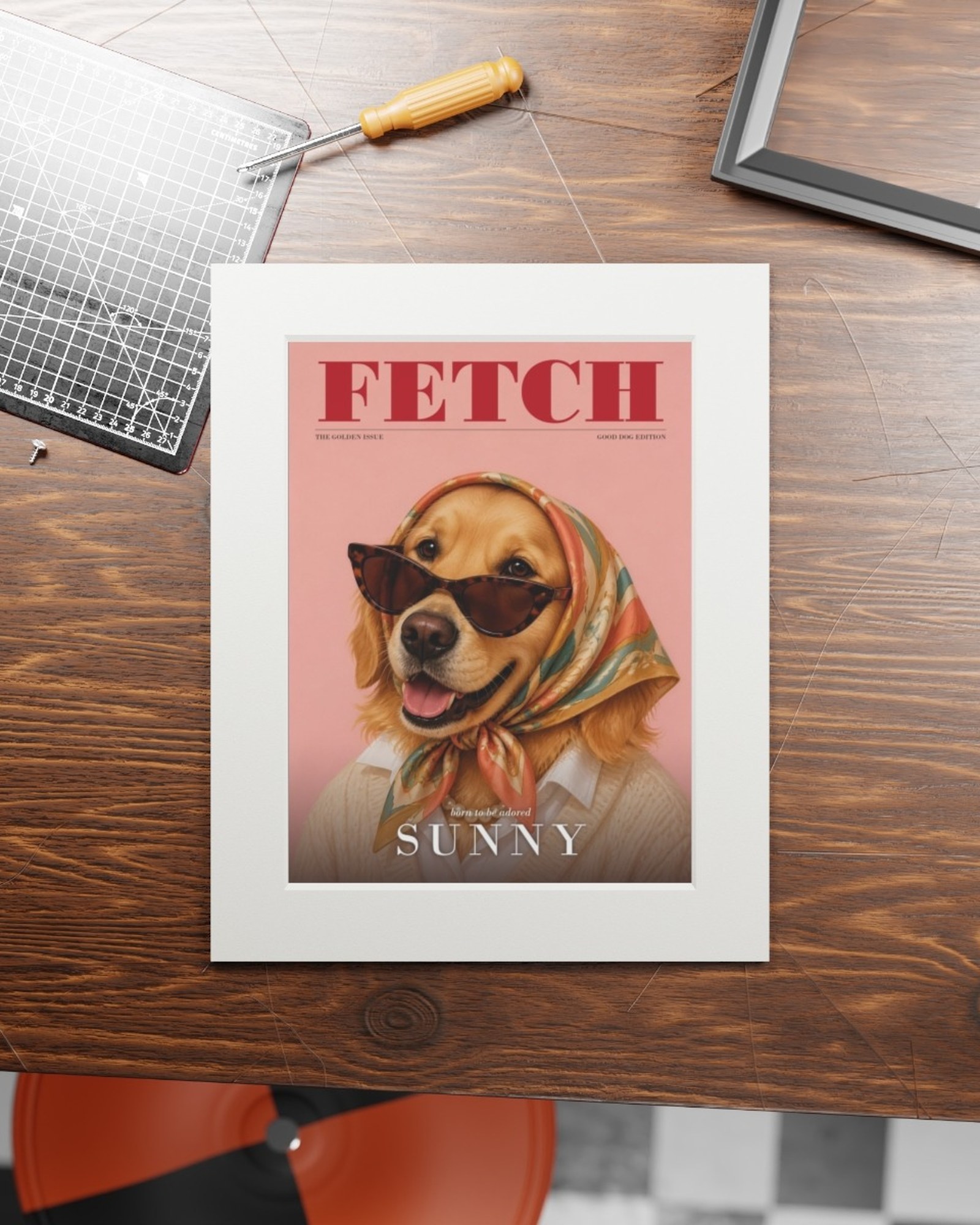 The matted print lying on a wooden work table next to a cutting mat