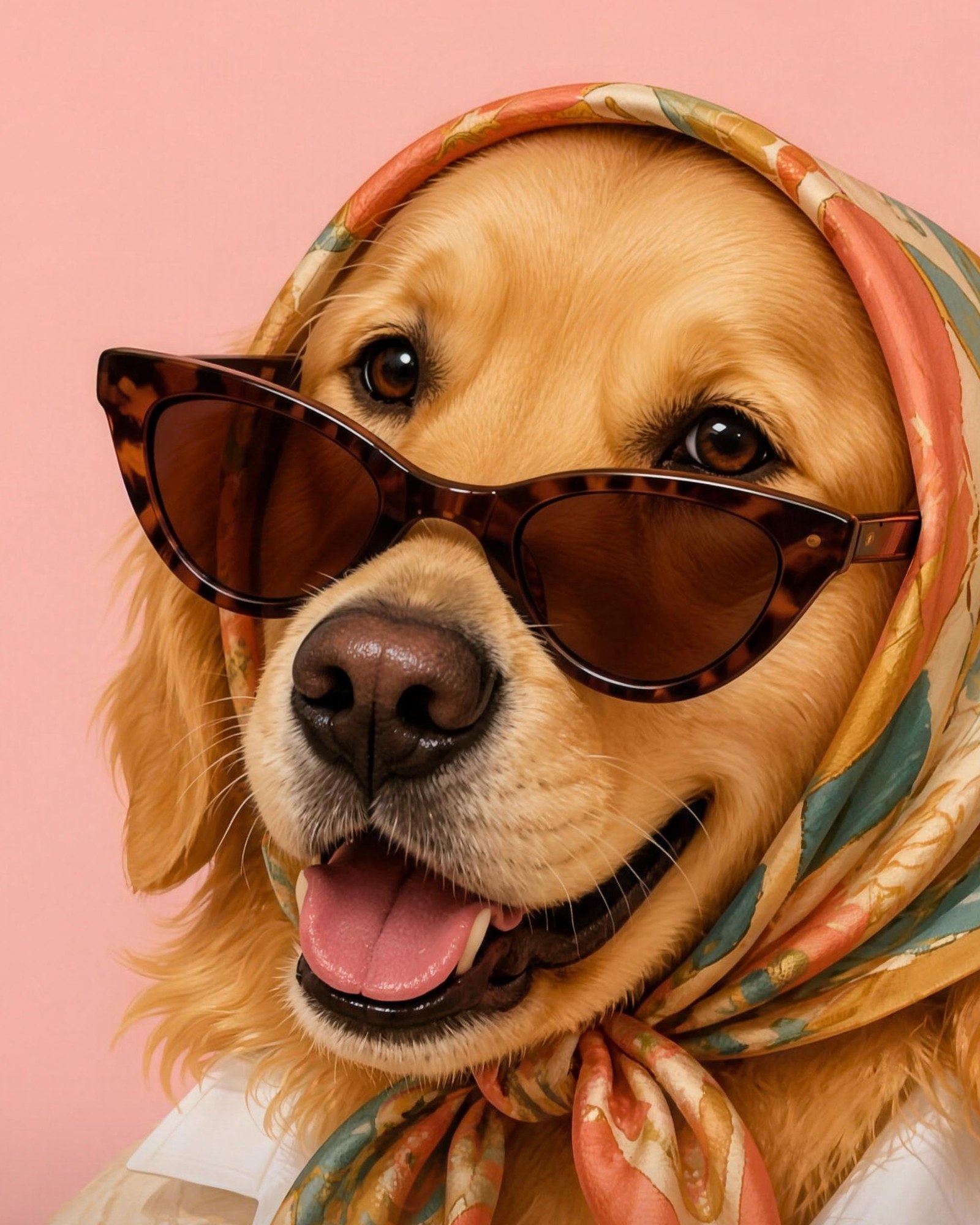 Close-up of the artwork: the golden retriever in tortoiseshell sunglasses and a coral and teal silk scarf