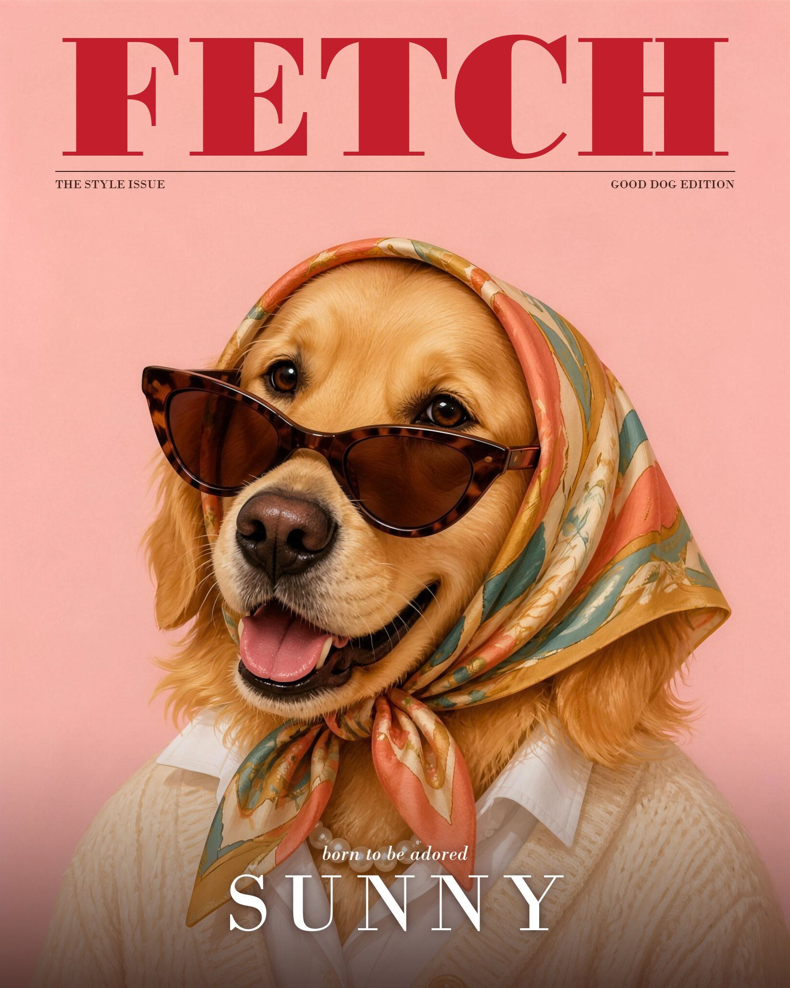 Digital portrait: a golden retriever named Sunny in sunglasses and a silk headscarf on a pink FETCH magazine cover