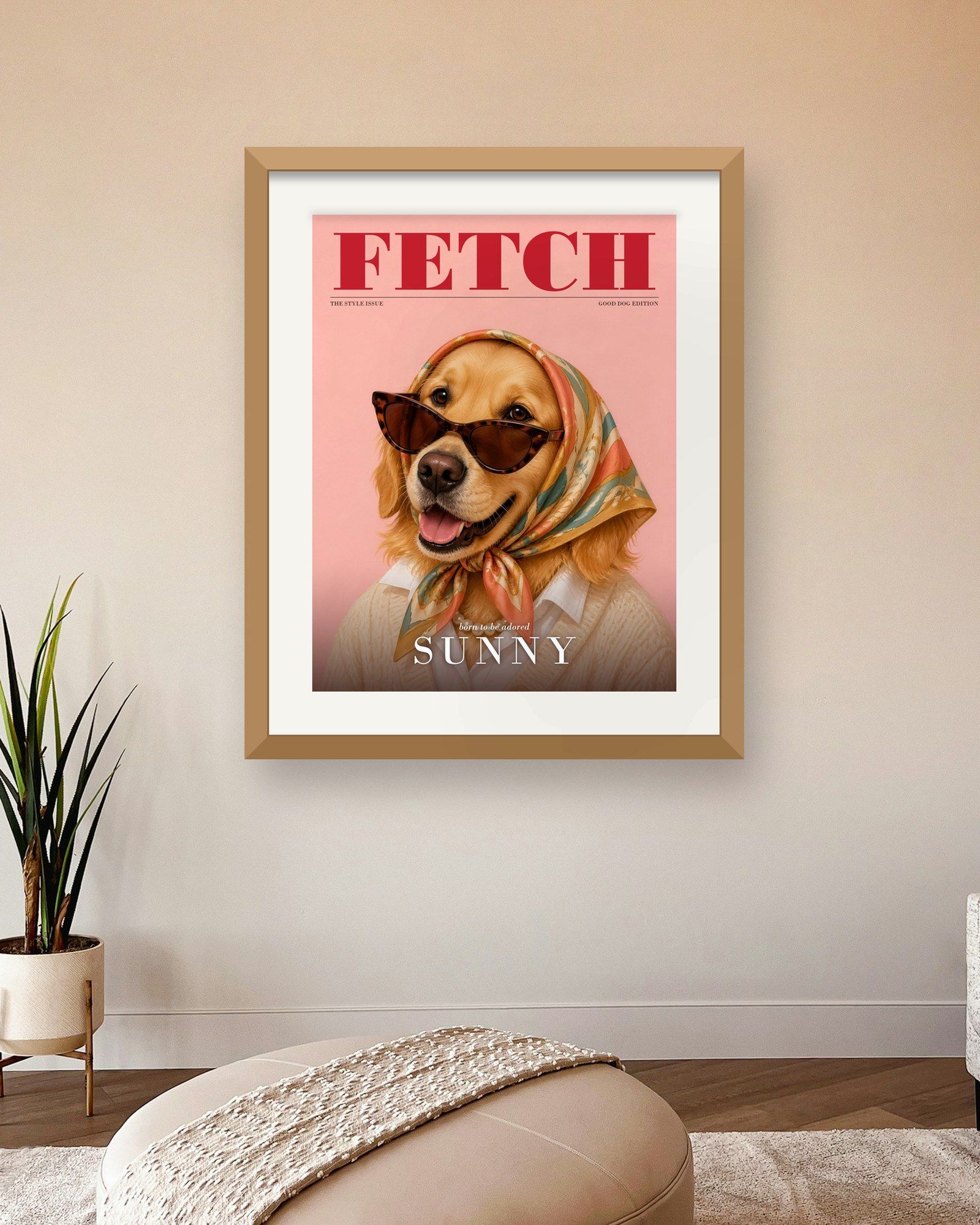 The printed portrait in an oak frame on a warm blush wall of a living room (frame not included)