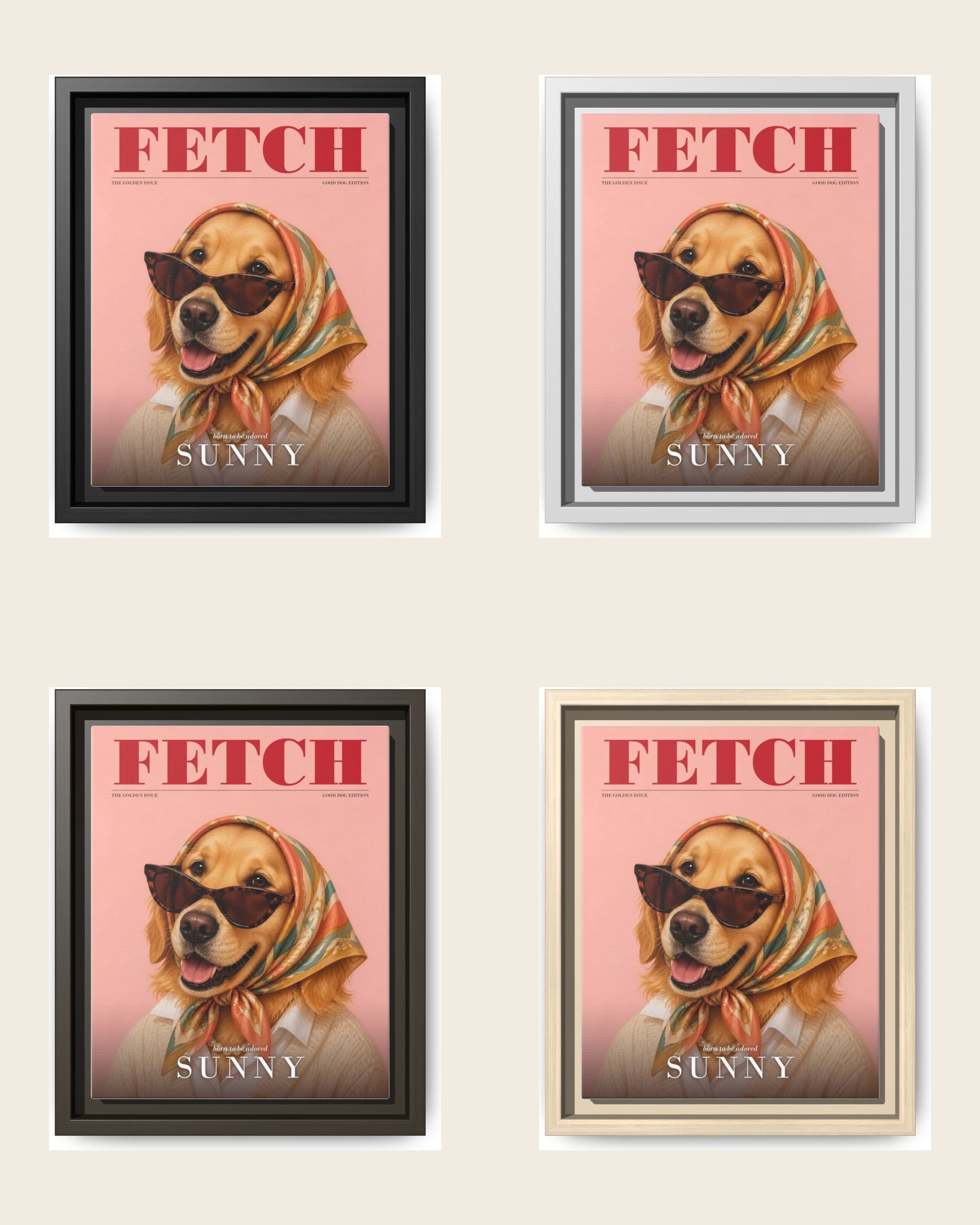 The magazine cover portrait in the four frame colors: black, white, espresso and natural wood