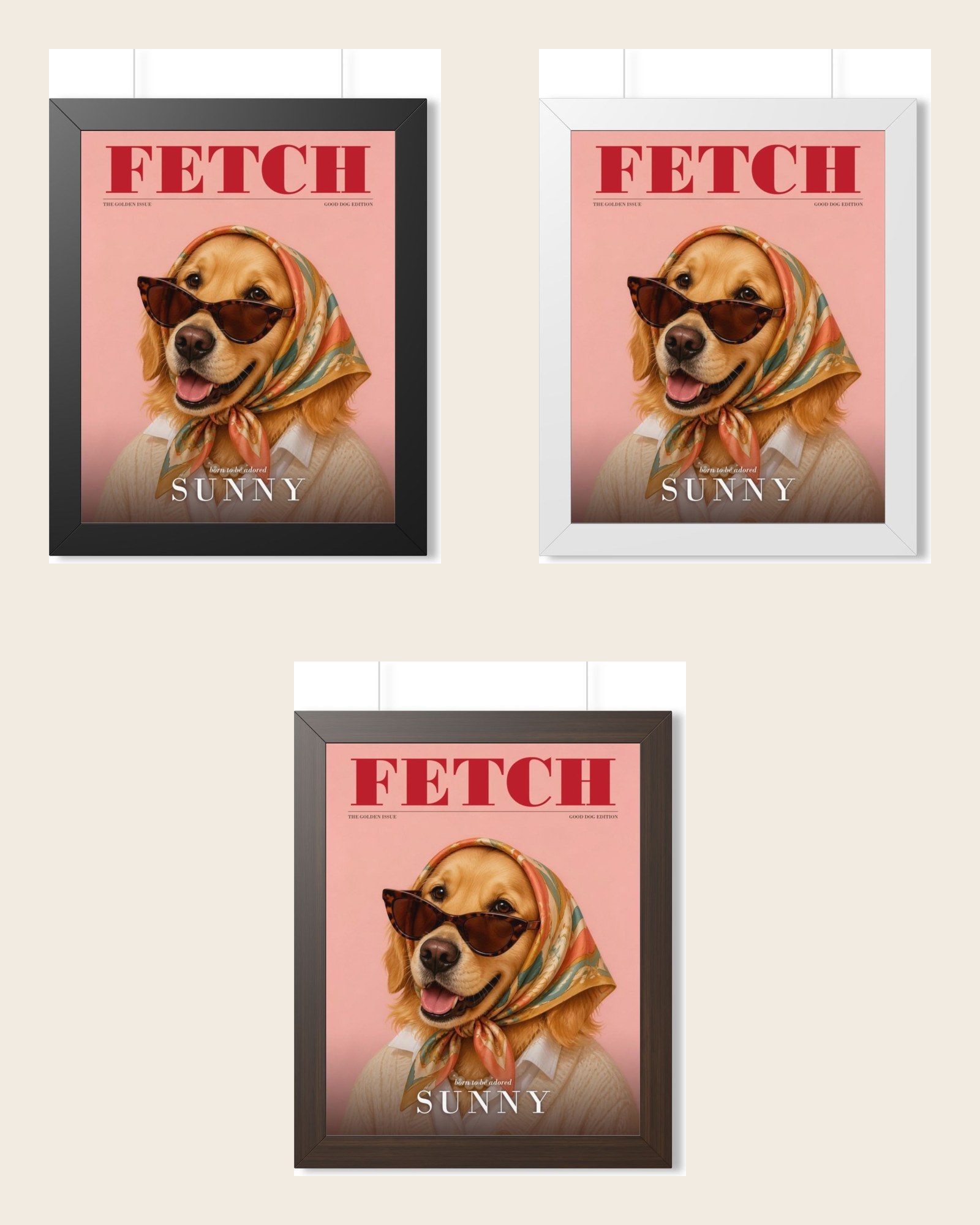 The framed poster in the three frame colors: black, white and walnut