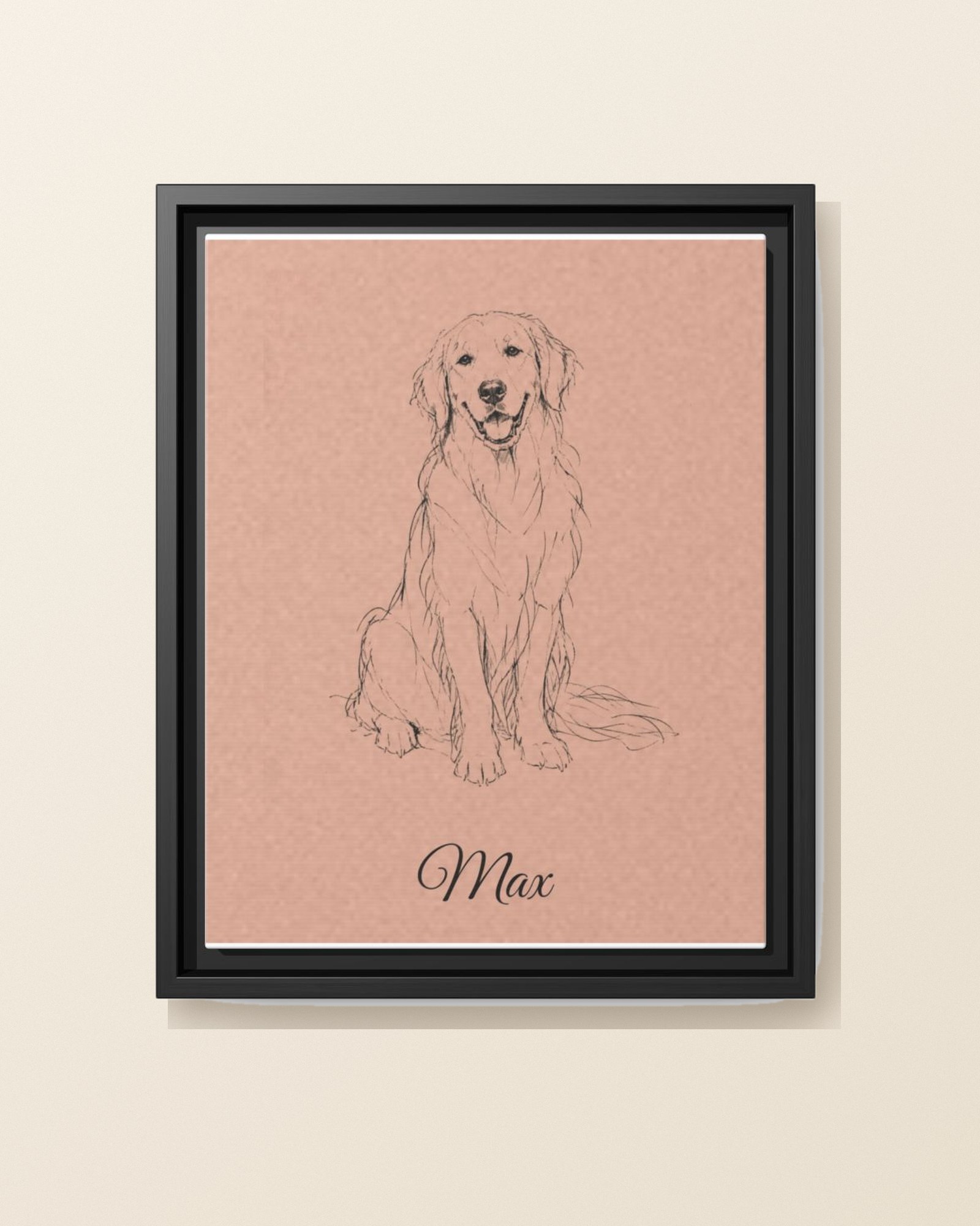 Framed canvas in a black frame with a loose vintage ink sketch of a golden retriever and the name Max