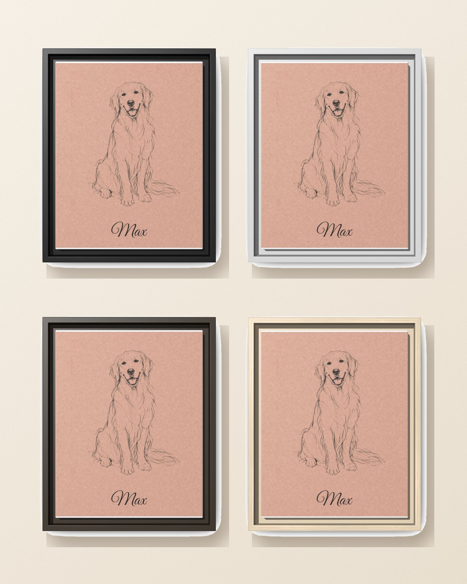 The portrait in the four frame colors: black, white, espresso and natural wood