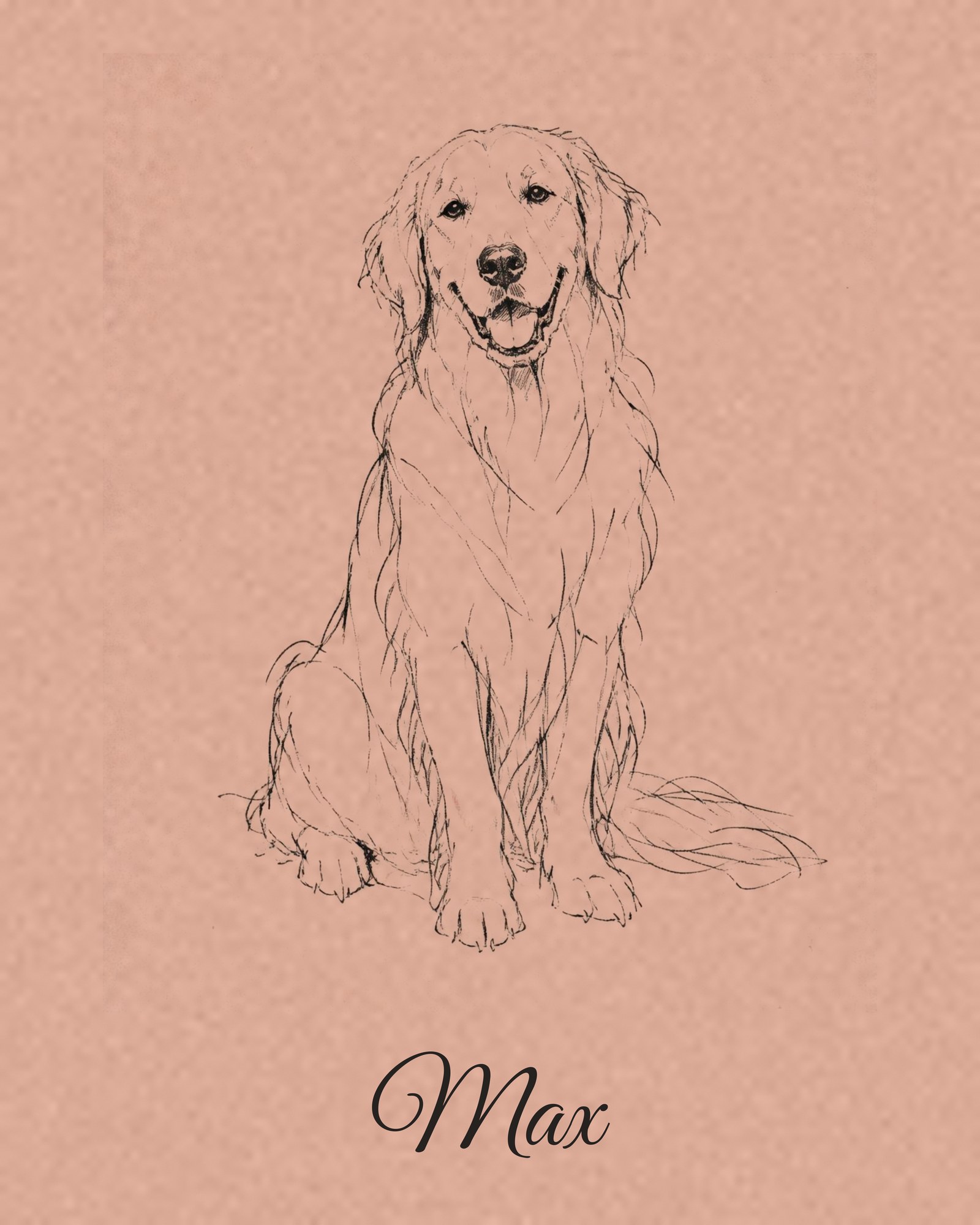 Close-up of the artwork: the ink sketch of a golden retriever on dusty pink paper with the name Max in script