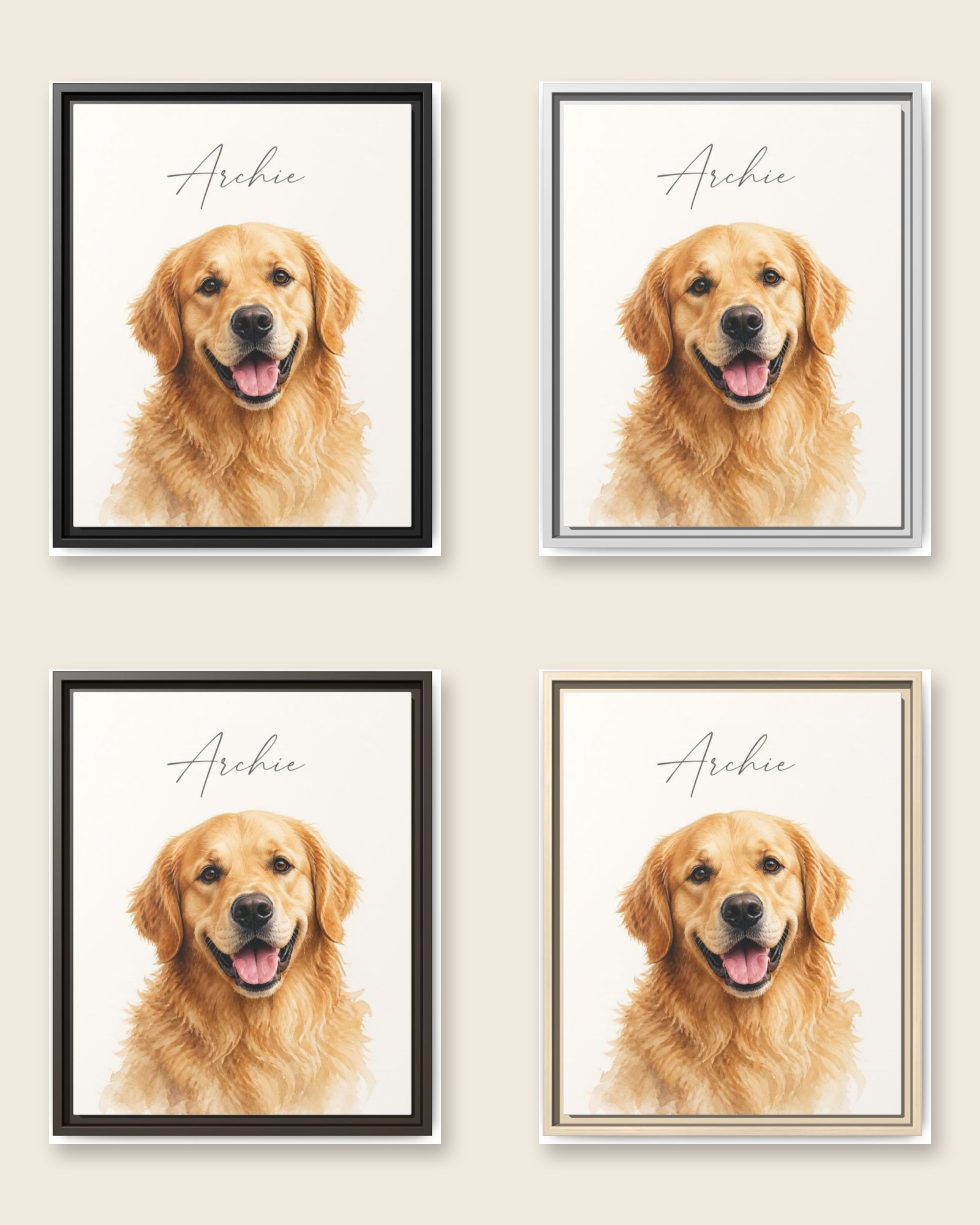 The watercolor portrait in the four frame colors: black, white, espresso and natural wood