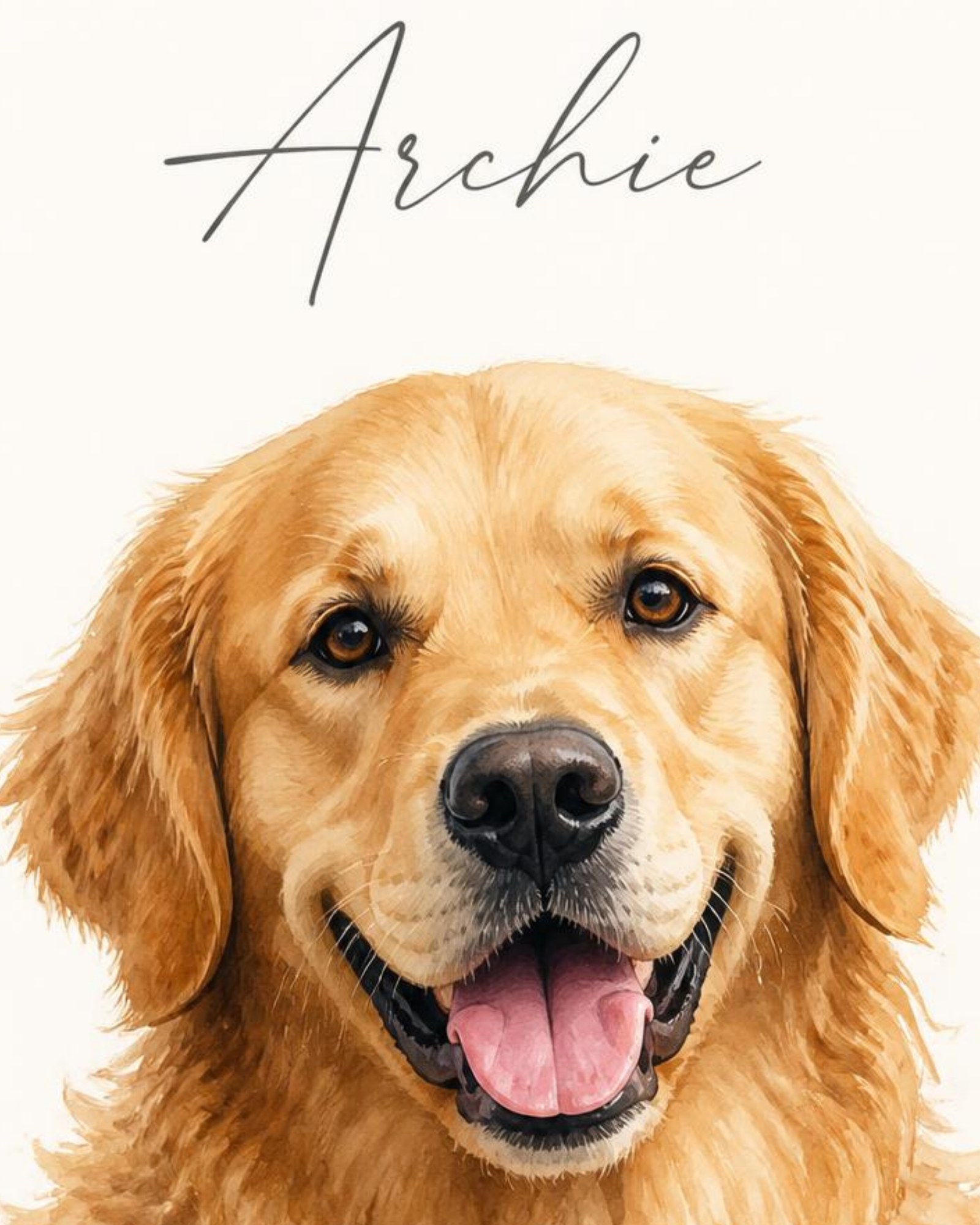 Close-up of the artwork: a soft watercolor golden retriever with the name Archie in script
