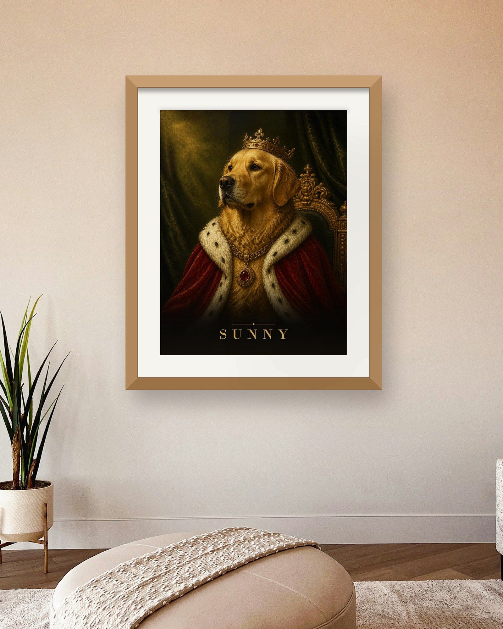 The printed portrait in an oak frame on a warm blush wall of a living room (frame not included)