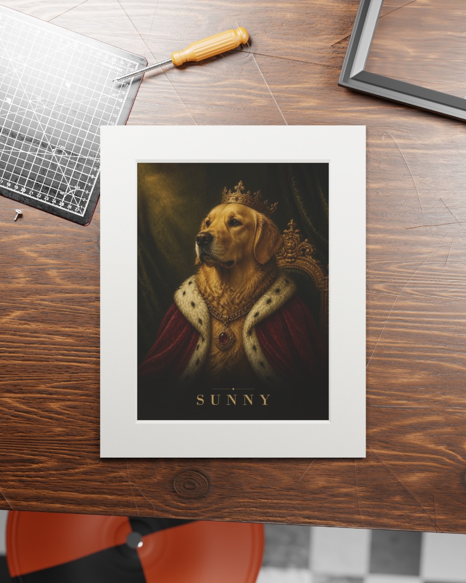 The matted print on a wooden work table