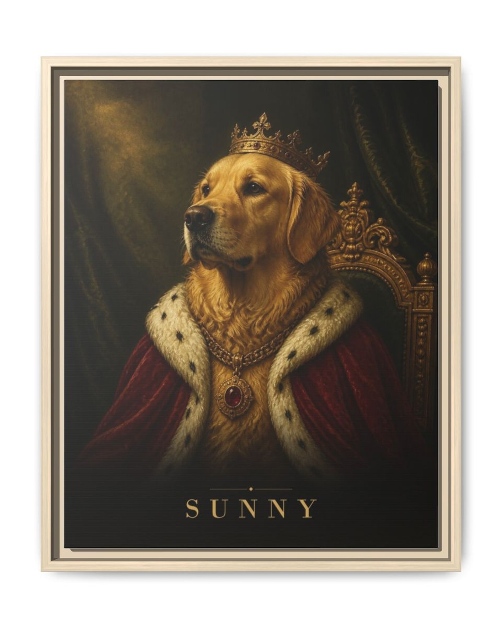 Natural wood framed canvas: a golden retriever as a king with a gold crown, ermine cape and jeweled chain on a gilded throne, Sunny