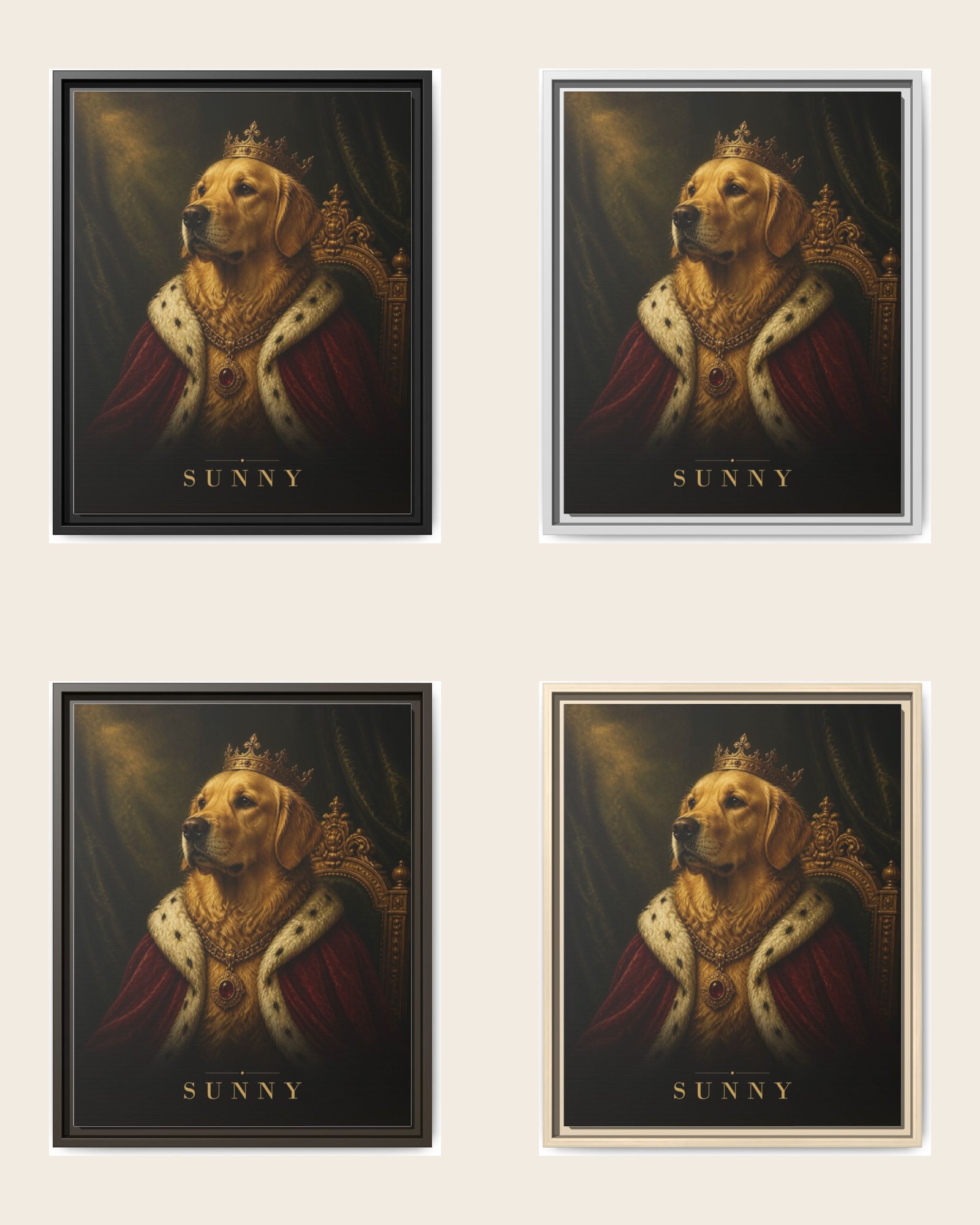 The portrait in the four frame colors: black, white, espresso and natural wood