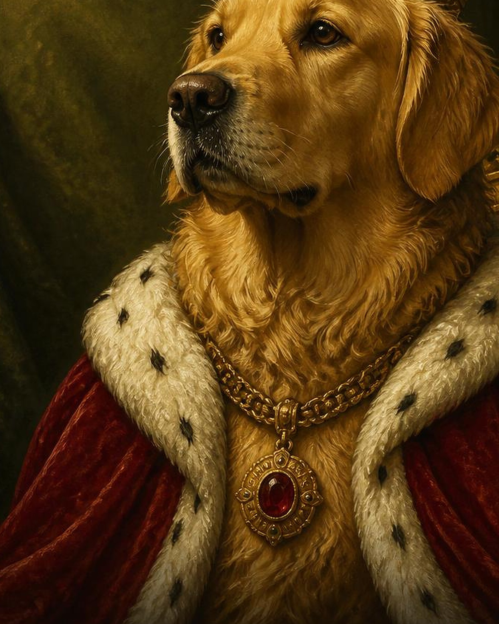 Close-up of the artwork: the golden retriever's crown, ermine collar and ruby medallion in old master oil style
