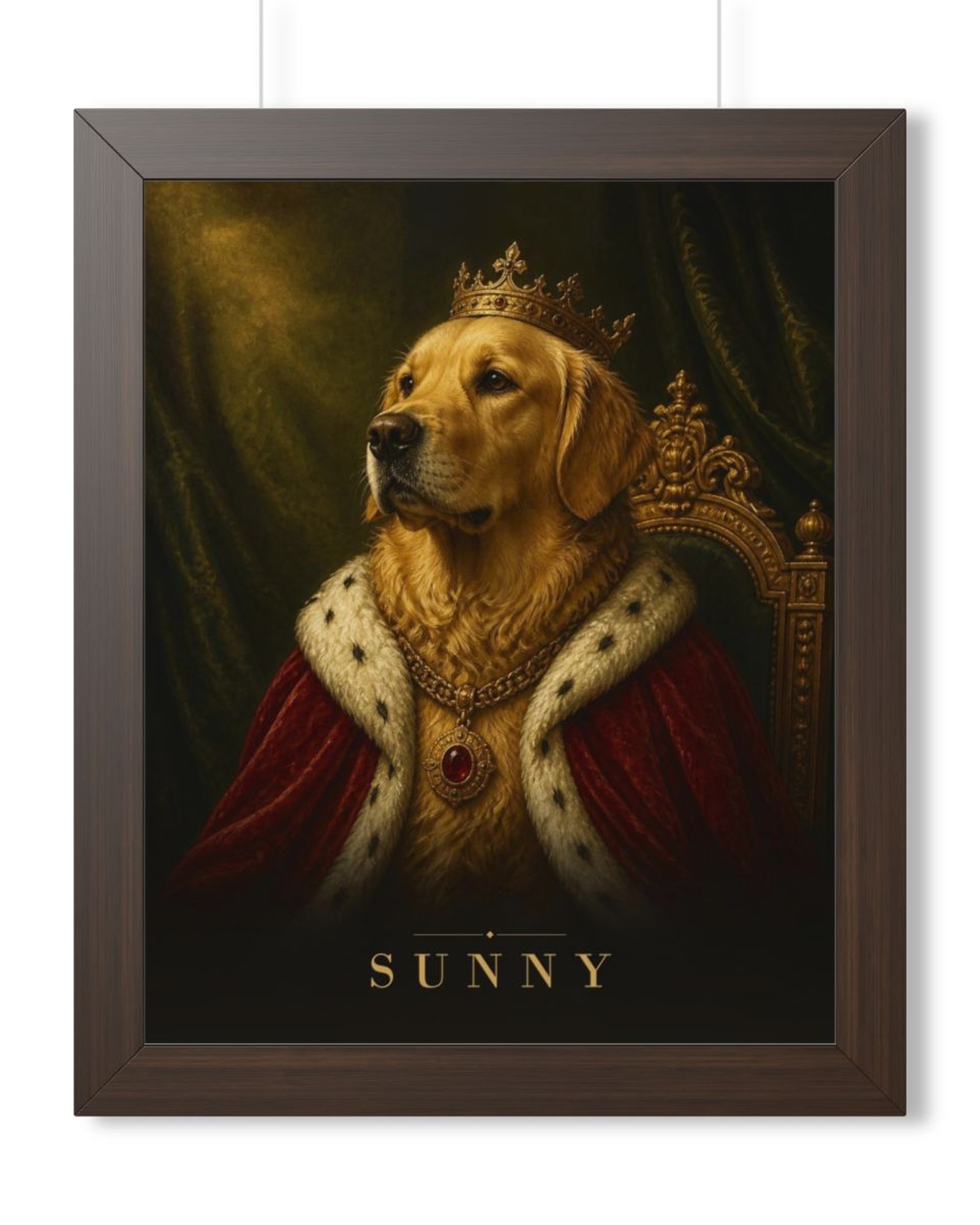 Walnut framed poster: a golden retriever as a king with a gold crown, ermine cape and jeweled chain on a gilded throne, Sunny