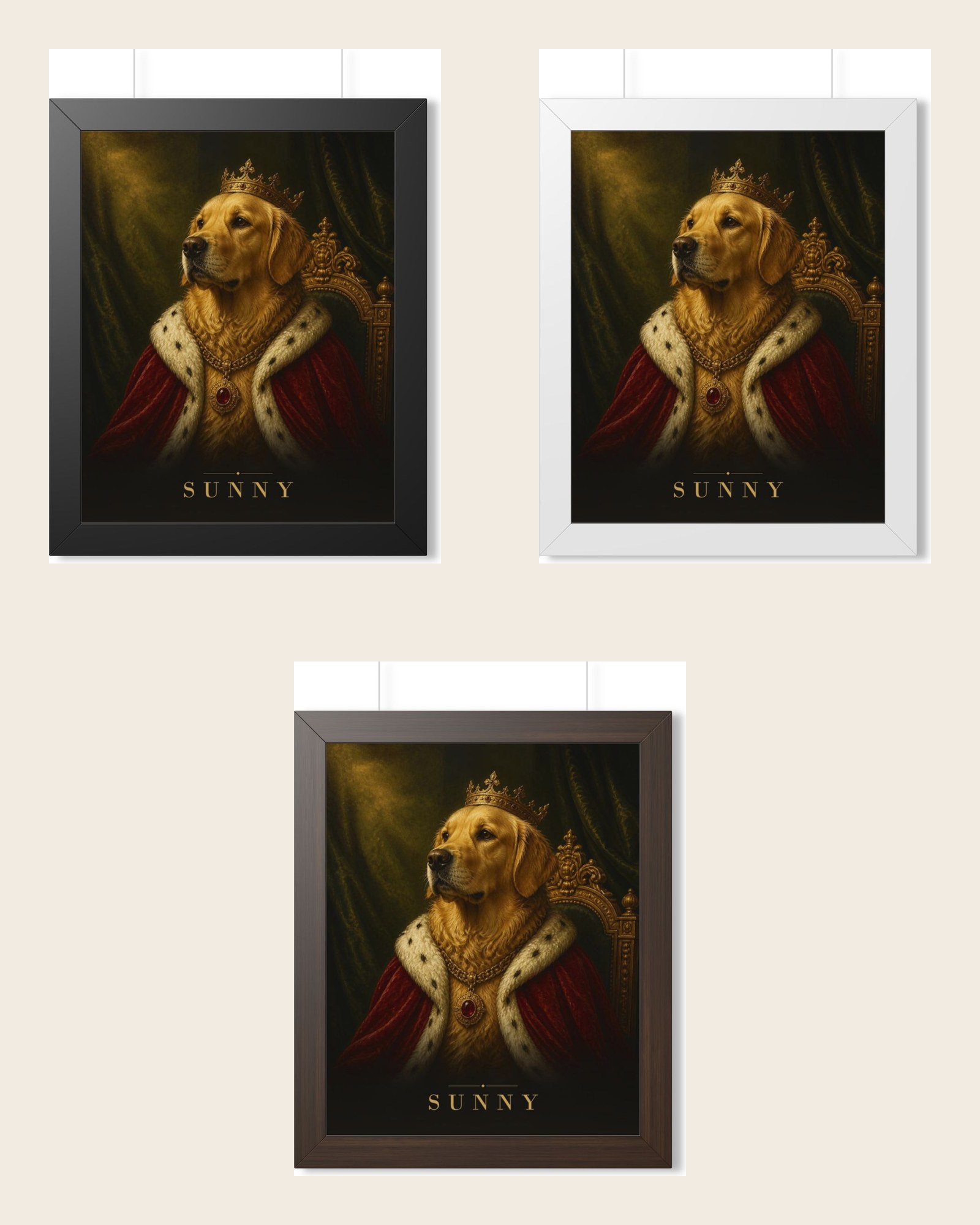 The framed poster in the three frame colors: black, white and walnut