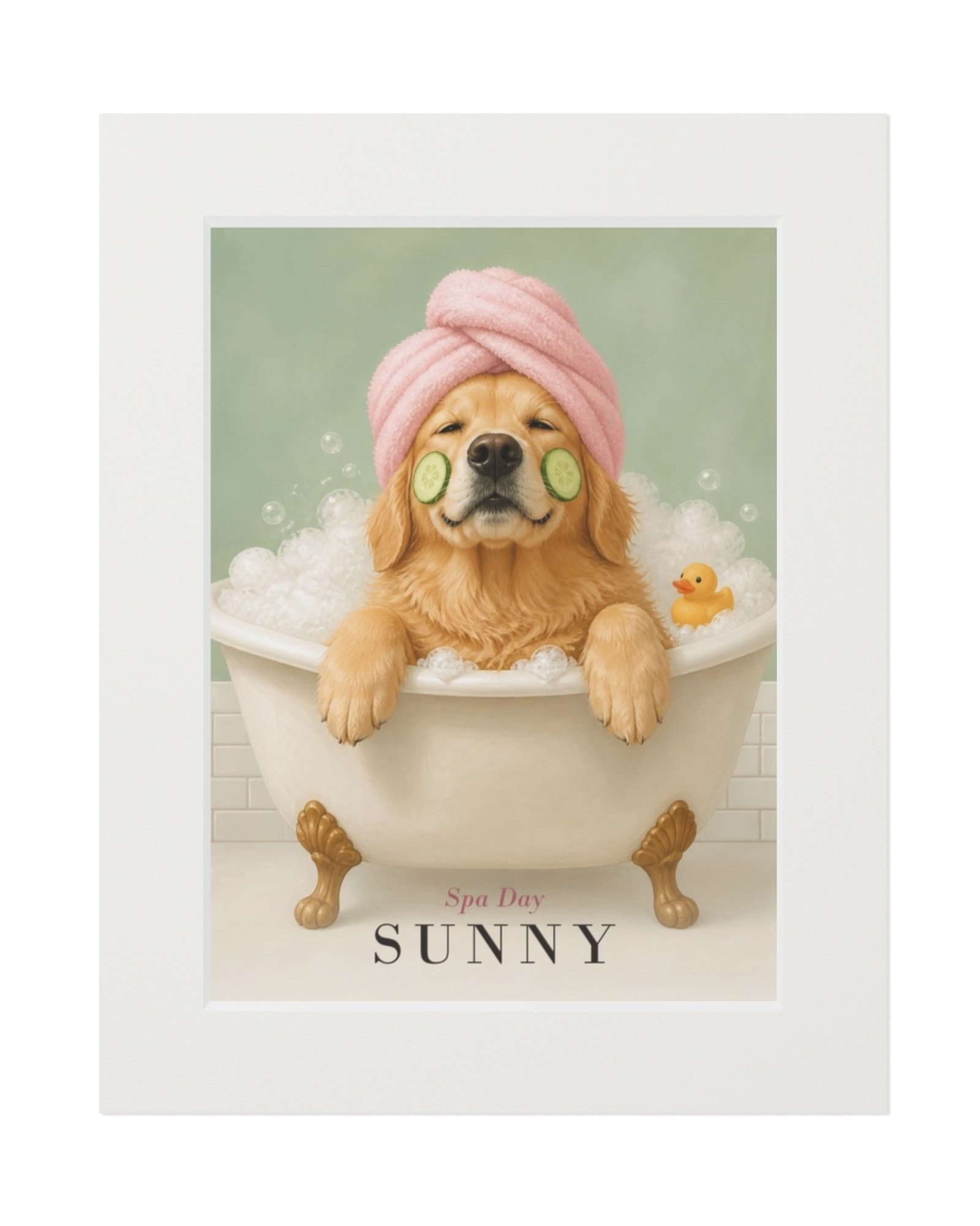 Fine art print in a white mat: a golden retriever in a clawfoot bubble bath with a pink towel turban and cucumber slices, Spa Day, Sunny