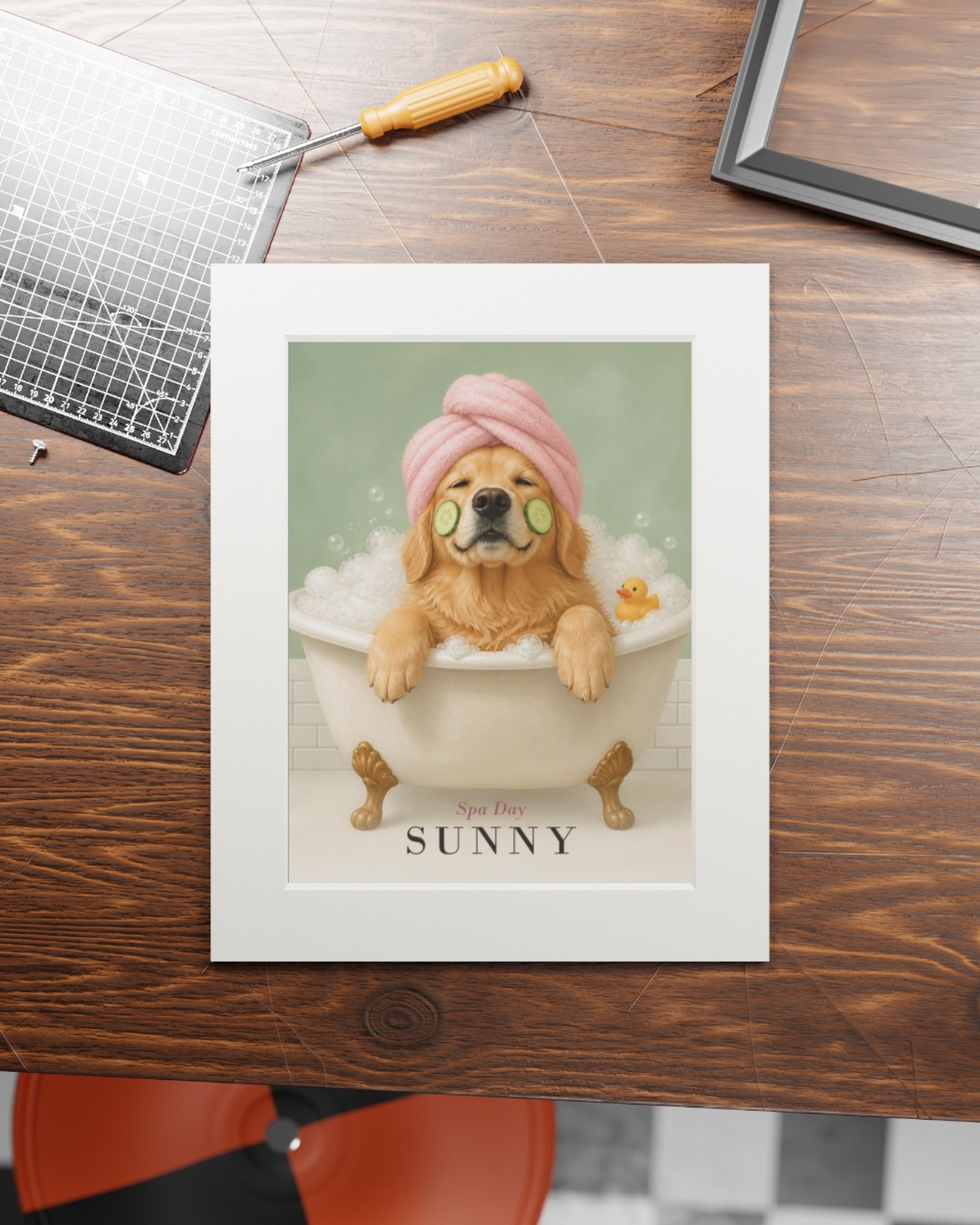 The matted print on a wooden work table