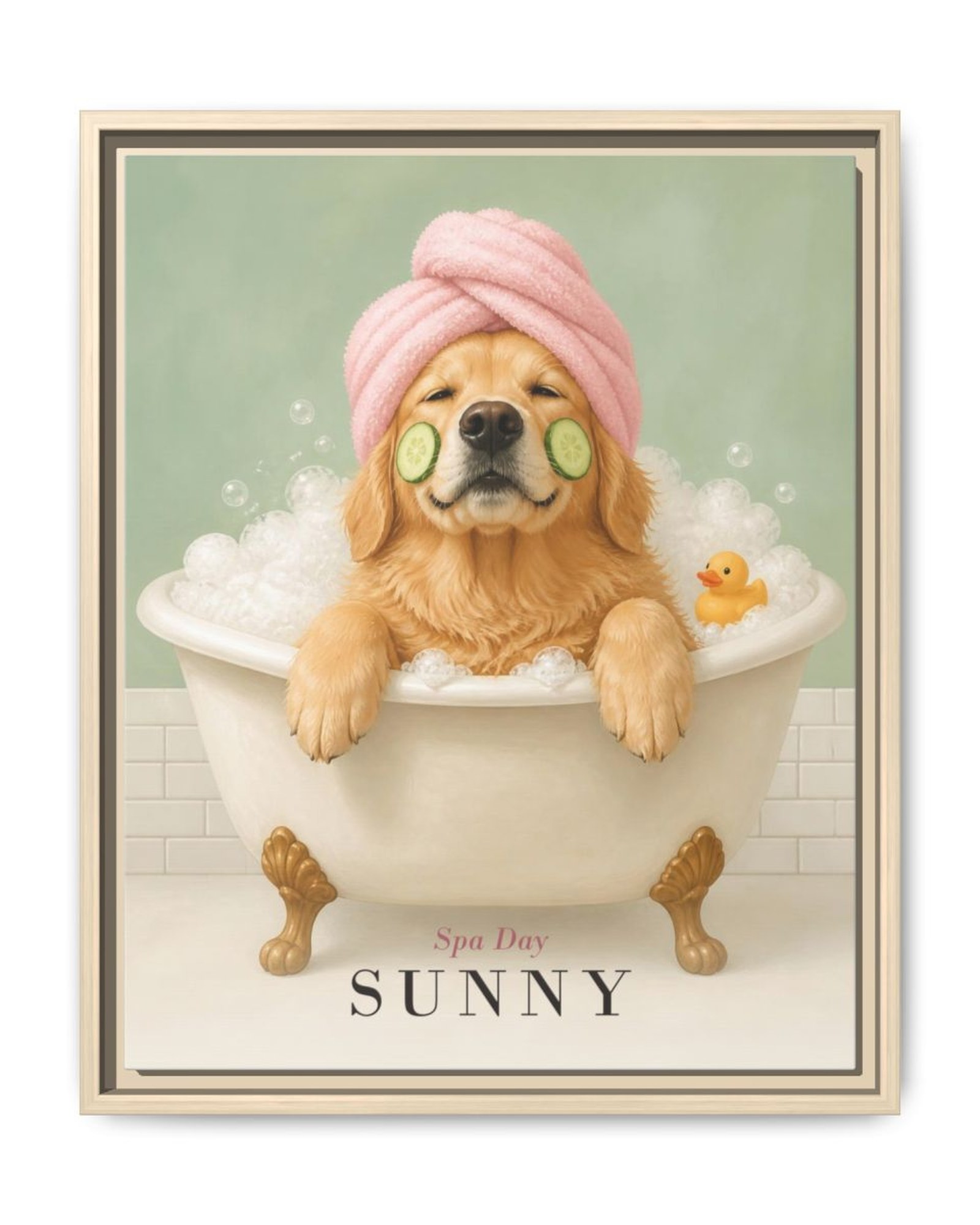 Natural wood framed canvas: a golden retriever in a clawfoot bubble bath with a pink towel turban and cucumber slices, Spa Day, Sunny