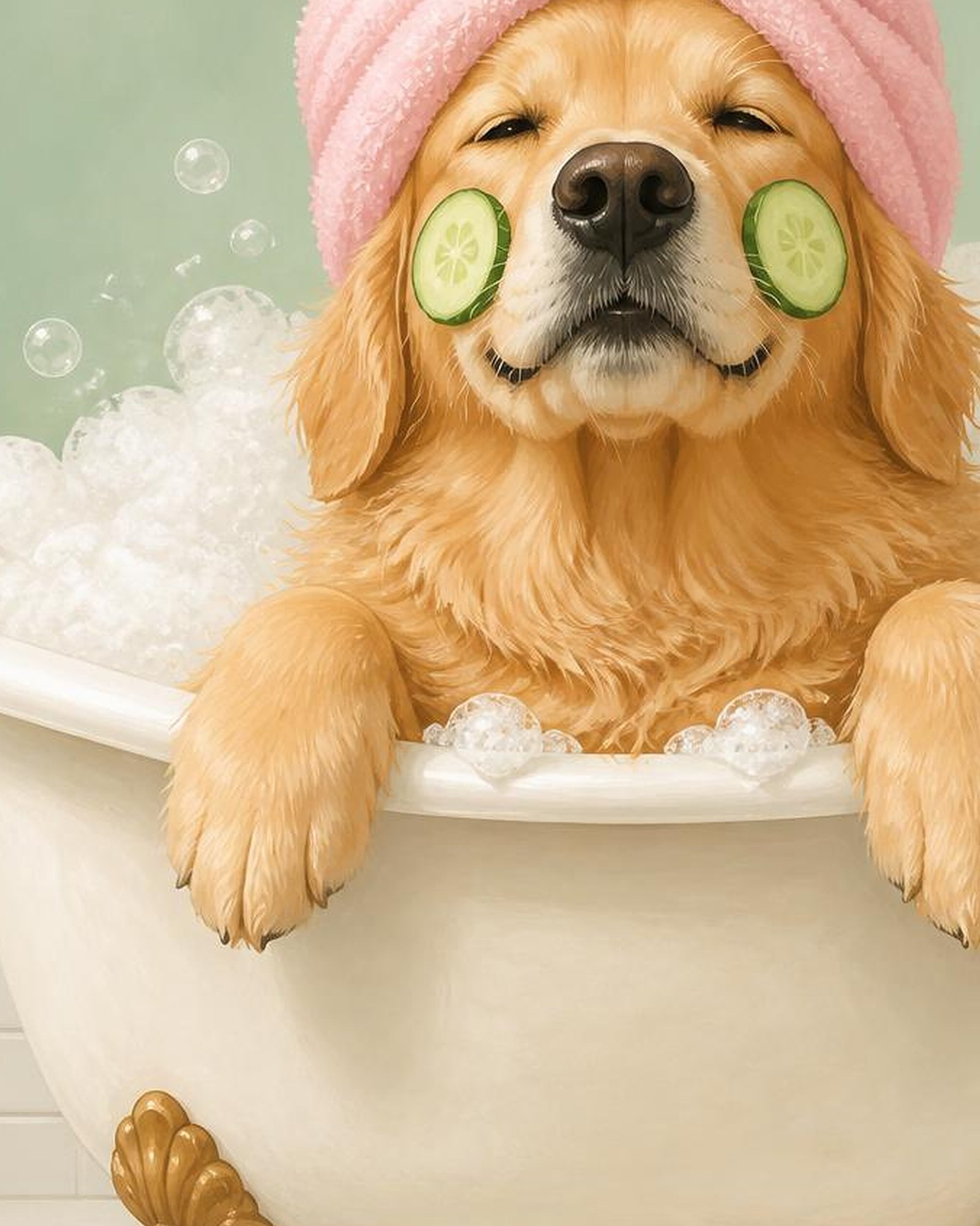 Close-up of the artwork: the golden retriever with a pink towel turban, cucumber slices and bubbles